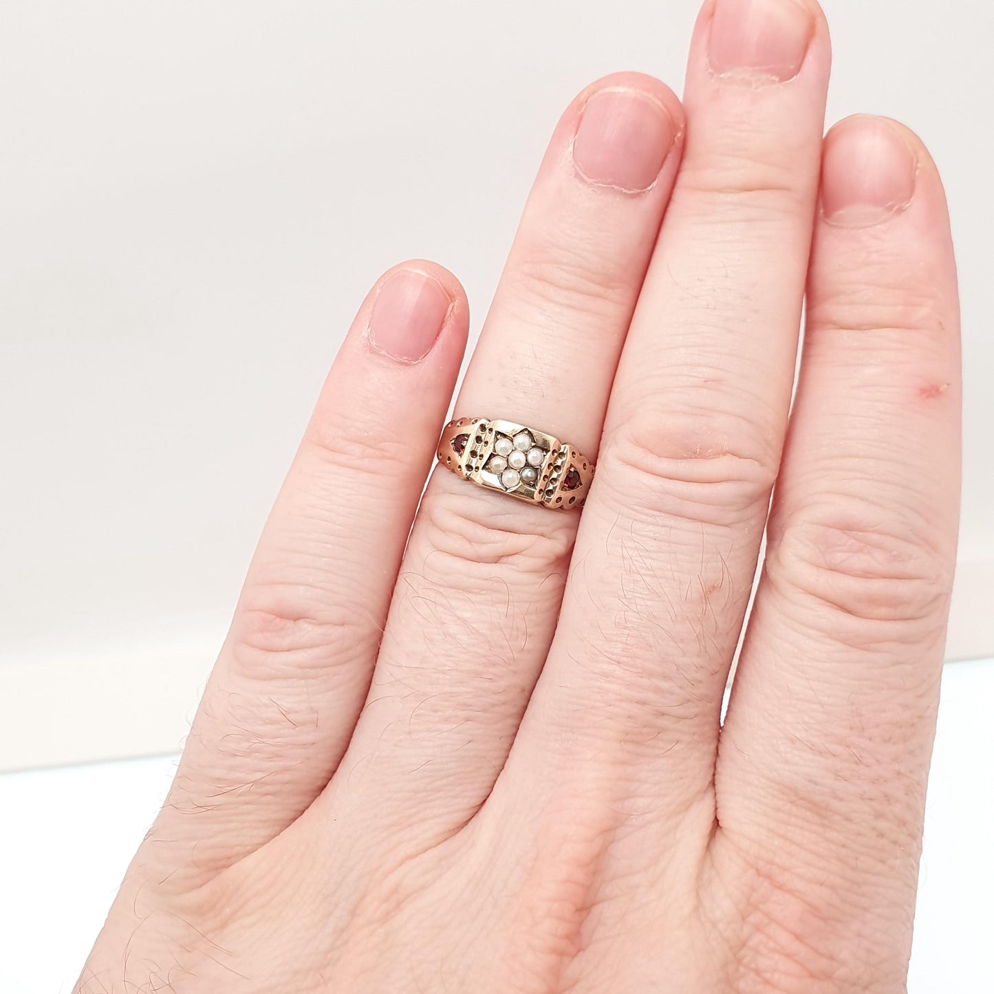 Antique Victorian 9ct Gold Garnet & Pearl Ring 1894 Hallmark Solid 375 Star Centre Cluster Womens Vintage Jewelry Jewellery UK N US 6 3/4