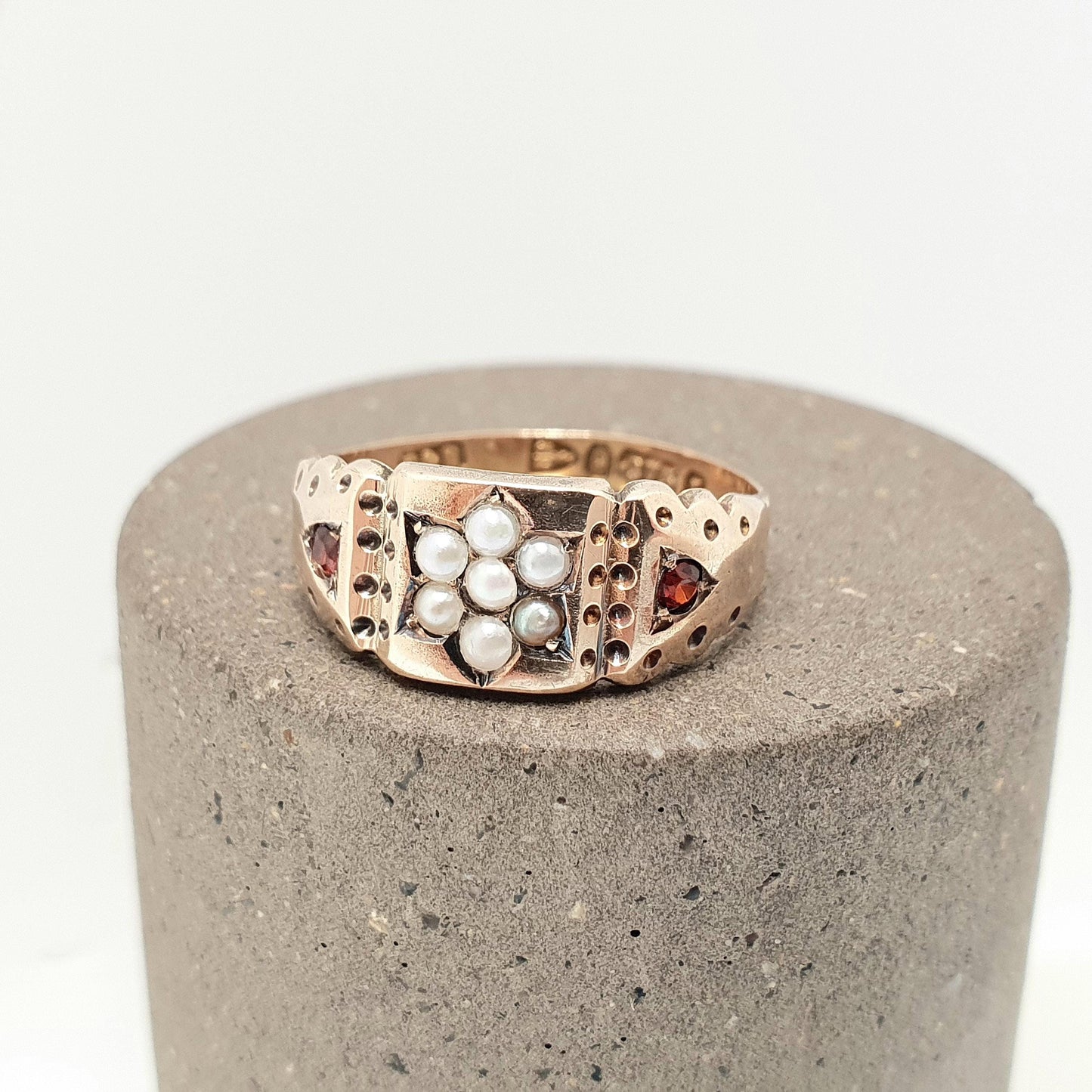Antique Victorian 9ct Gold Garnet & Pearl Ring 1894 Hallmark Solid 375 Star Centre Cluster Womens Vintage Jewelry Jewellery UK N US 6 3/4