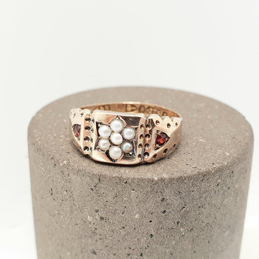 Antique Victorian 9ct Gold Garnet & Pearl Ring 1894 Hallmark Solid 375 Star Centre Cluster Womens Vintage Jewelry Jewellery UK N US 6 3/4