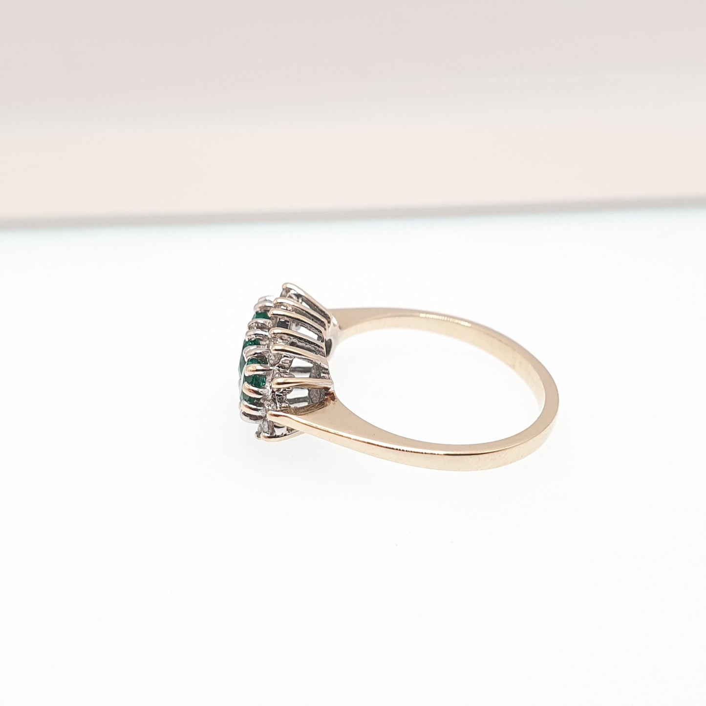 Vintage 9ct Gold Emerald & Diamond Ring Trilogy Solid 9k 9kt Genuine Gemstone Jewelry Jewellery Womens UK J 1/2 US 5