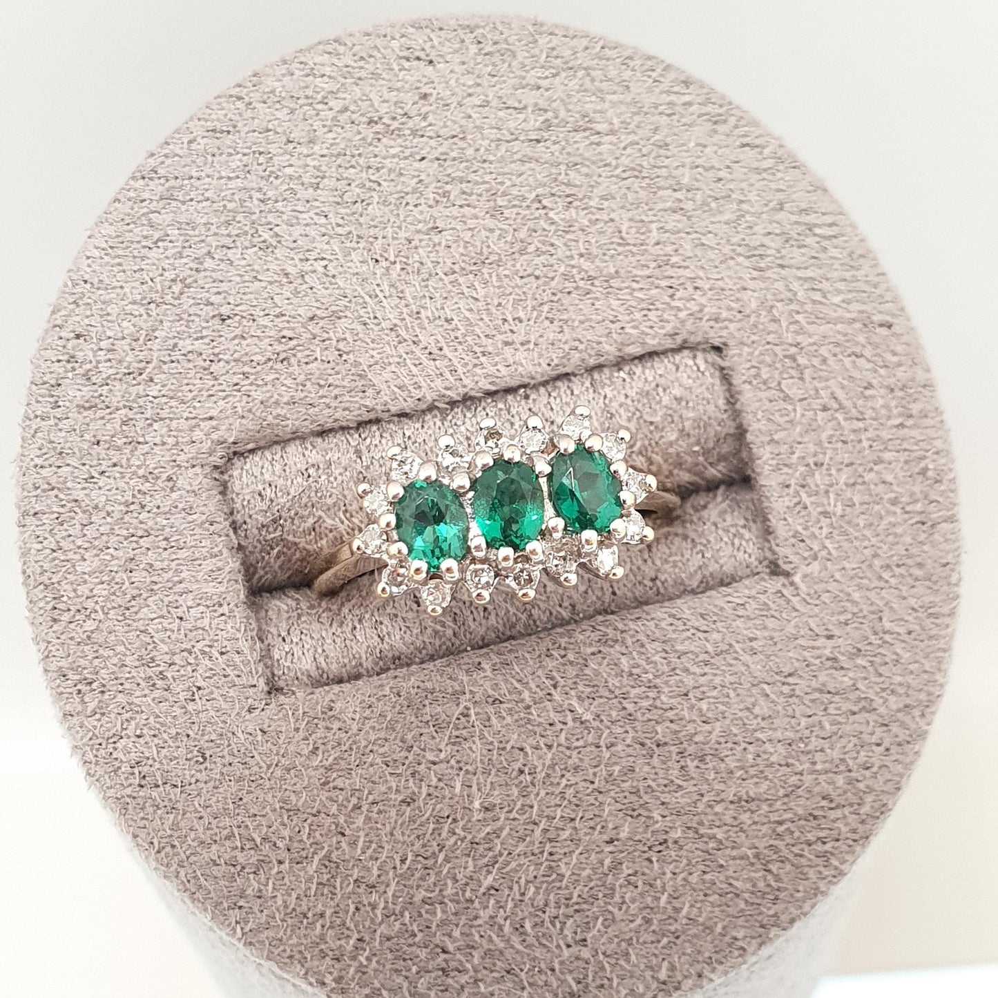 Vintage 9ct Gold Emerald & Diamond Ring Trilogy Solid 9k 9kt Genuine Gemstone Jewelry Jewellery Womens UK J 1/2 US 5