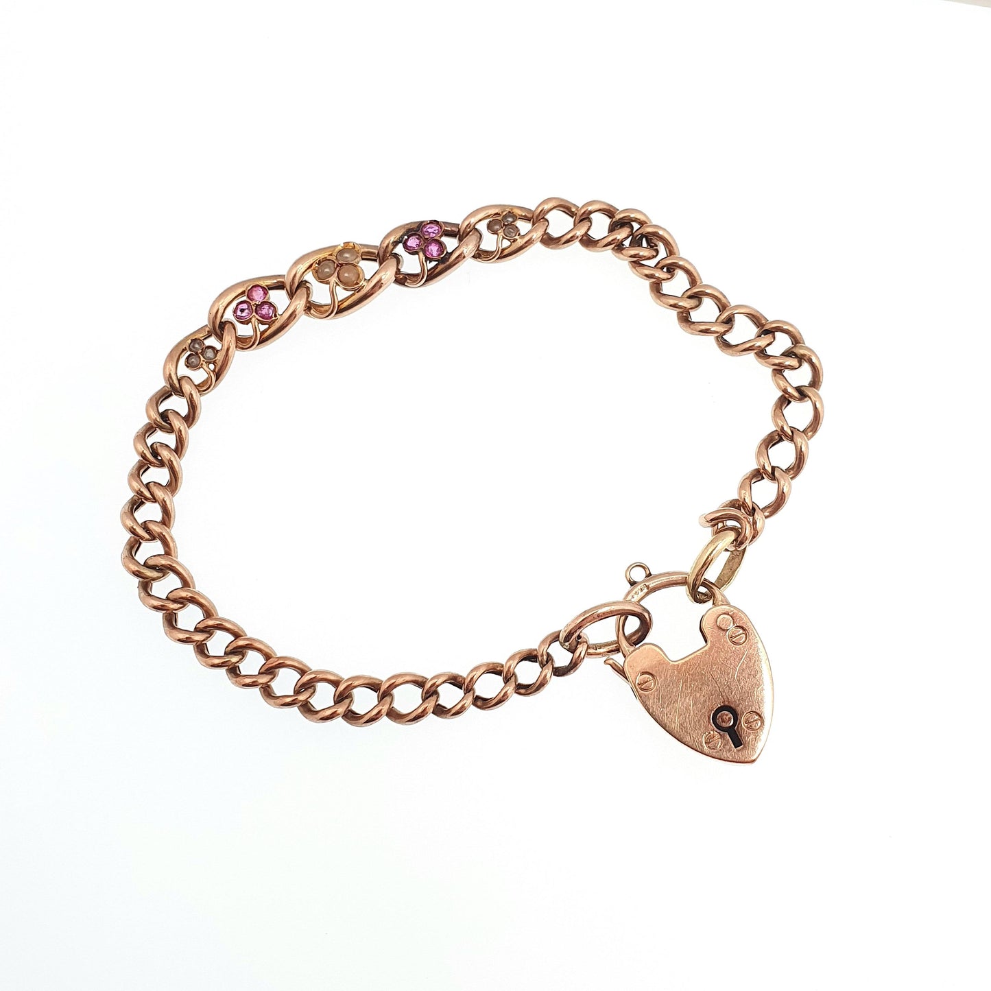Antique 9ct Rose Gold Ruby & Pearl Bracelet Curb Link Clover Padlock Lock Clasp Solid 9k 375 Charm 18cm 7" 7.13g Vintage Jewelry Jewellery