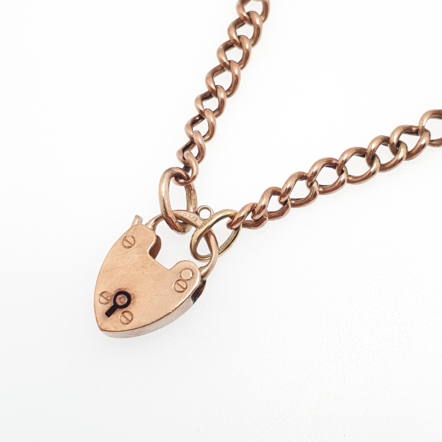 Antique 9ct Rose Gold Ruby & Pearl Bracelet Curb Link Clover Padlock Lock Clasp Solid 9k 375 Charm 18cm 7" 7.13g Vintage Jewelry Jewellery