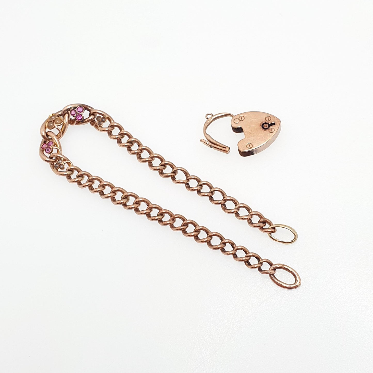 Antique 9ct Rose Gold Ruby & Pearl Bracelet Curb Link Clover Padlock Lock Clasp Solid 9k 375 Charm 18cm 7" 7.13g Vintage Jewelry Jewellery