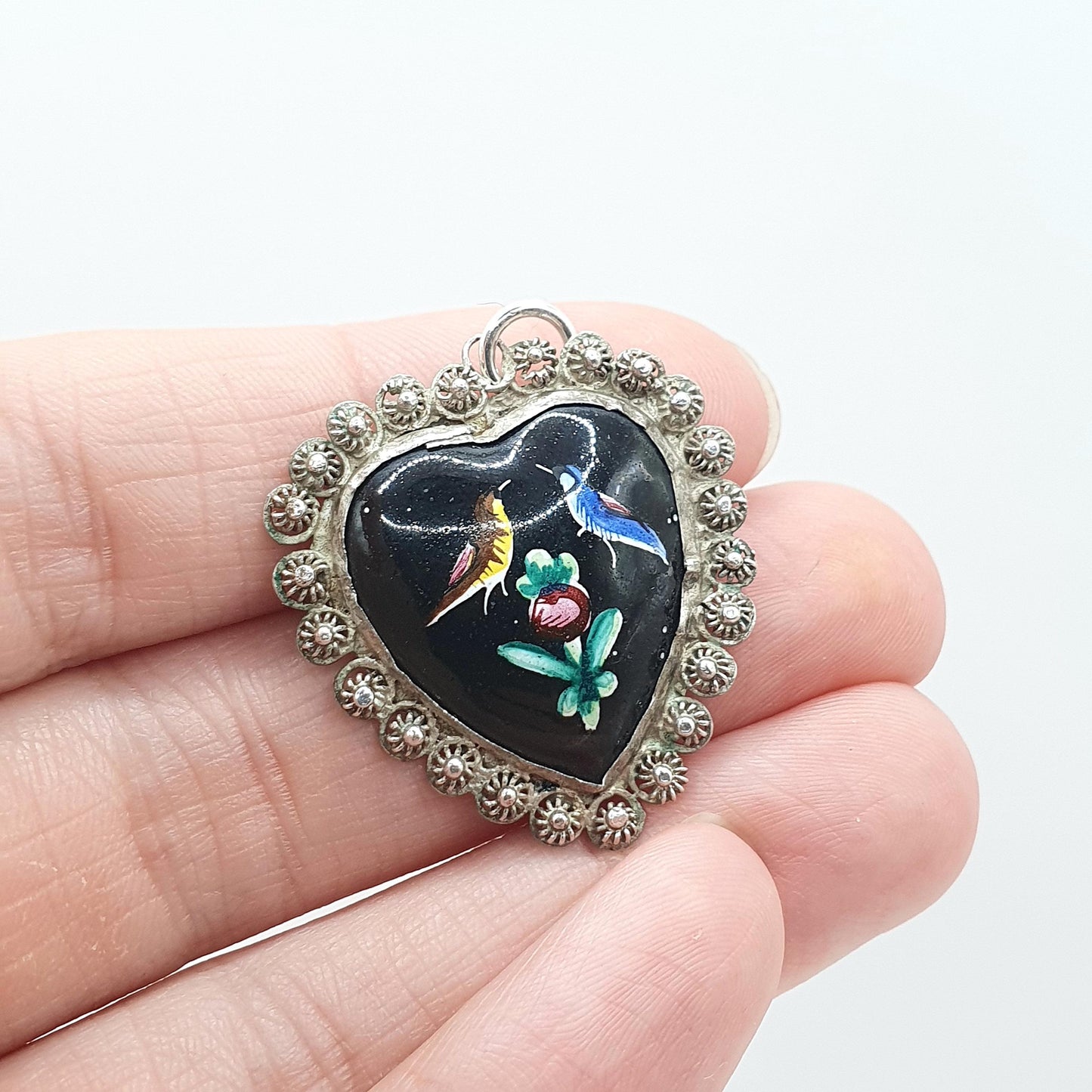 Antique Victorian Solid Silver Bird Heart Painted Pendant Necklace Filigree Border Vintage Womens Necklace Jewellery Jewelry