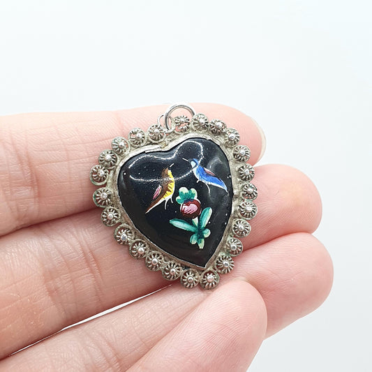 Antique Victorian Solid Silver Bird Heart Painted Pendant Necklace Filigree Border Vintage Womens Necklace Jewellery Jewelry