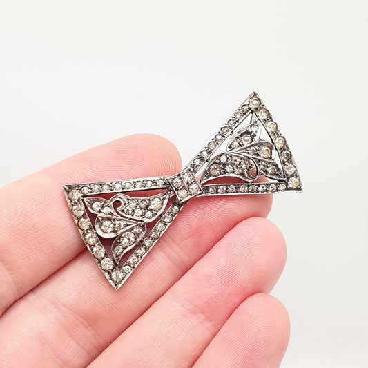 Antique Diamond Paste Solid Silver Bow Brooch Large Big Pin Ribbon Art Deco 1920s Sparkly Vintage Womens Jewelry Jewellery