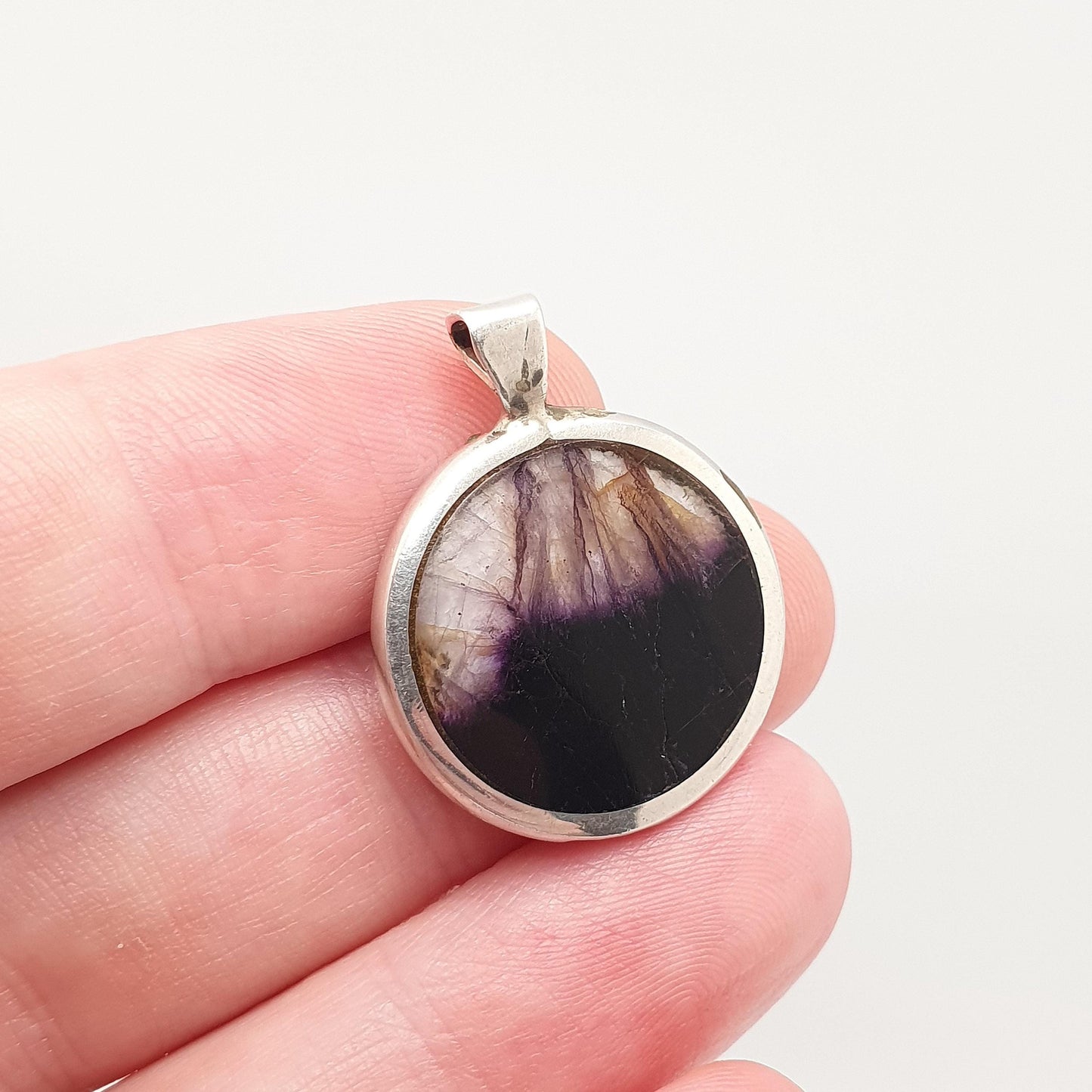 Vintage Blue John Sterling Silver Necklace Malachite Pendant 1980 Hallmark Double Sided Bleu Jaune Jewellery Jewelry