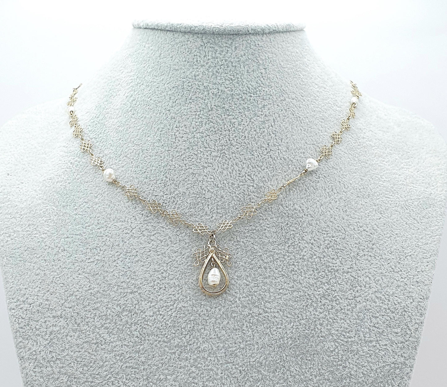 Antique Solid Silver Freshwater Pearl Necklace Gold Vermeil Arts and Crafts Filigree Womens Jewelry Jewellery 46cm 18.1” 4.94g