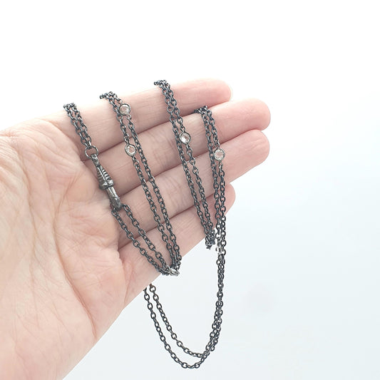 Antique Victorian Gun Metal Diamond Paste Muff Chain Necklace Dog Clip Black Metal Womens Vintage Mens 138cm 54" 12.91g Jewelry Jewellery