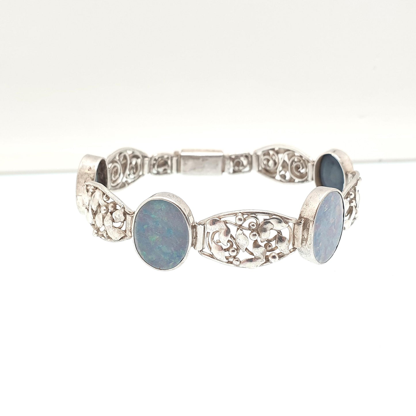 Antique Solid Silver Blue Opal Bracelet Arts and Crafts Art Nouveau Setting Genuine Gemstone Vintage Jewelry Jewellery Womens