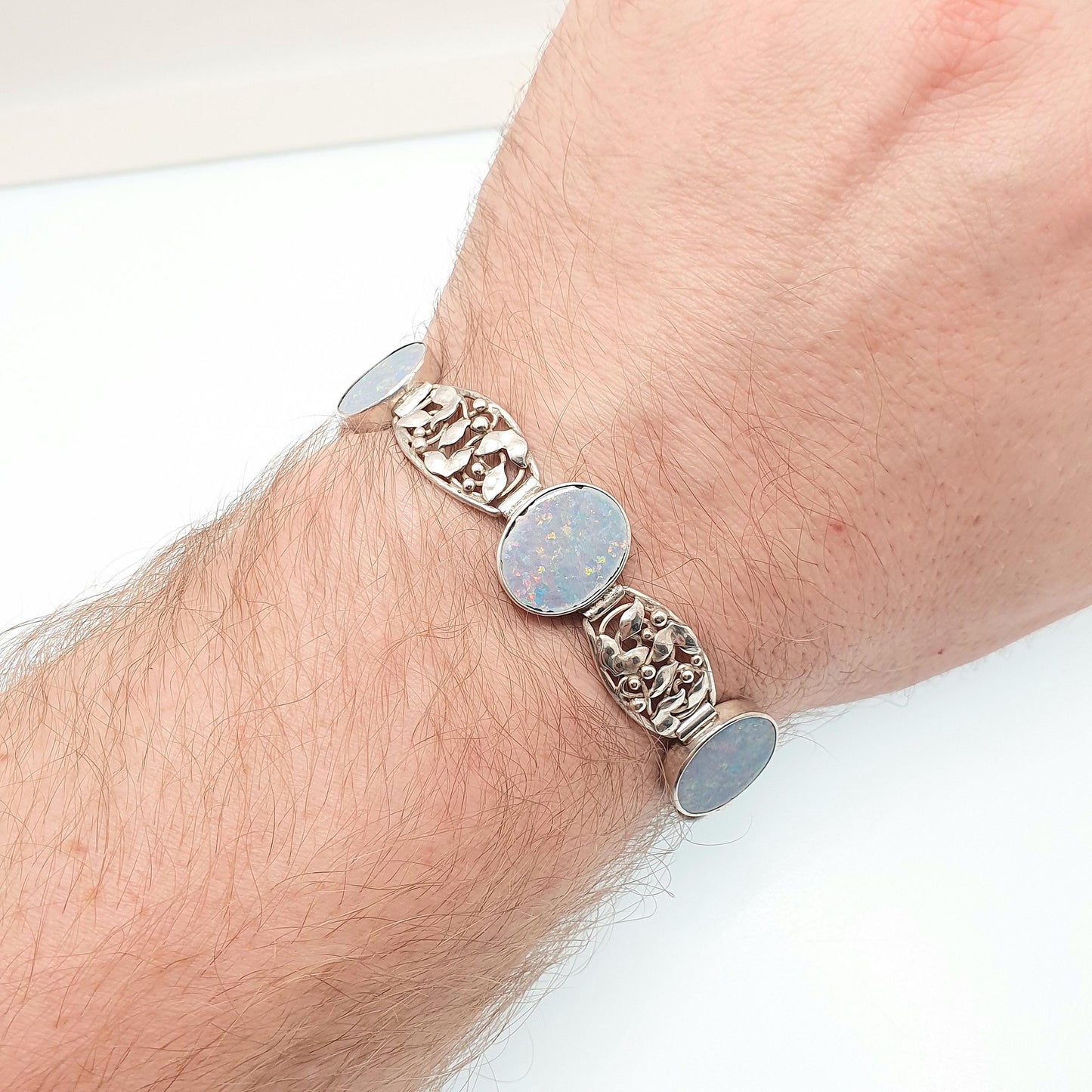 Antique Solid Silver Blue Opal Bracelet Arts and Crafts Art Nouveau Setting Genuine Gemstone Vintage Jewelry Jewellery Womens