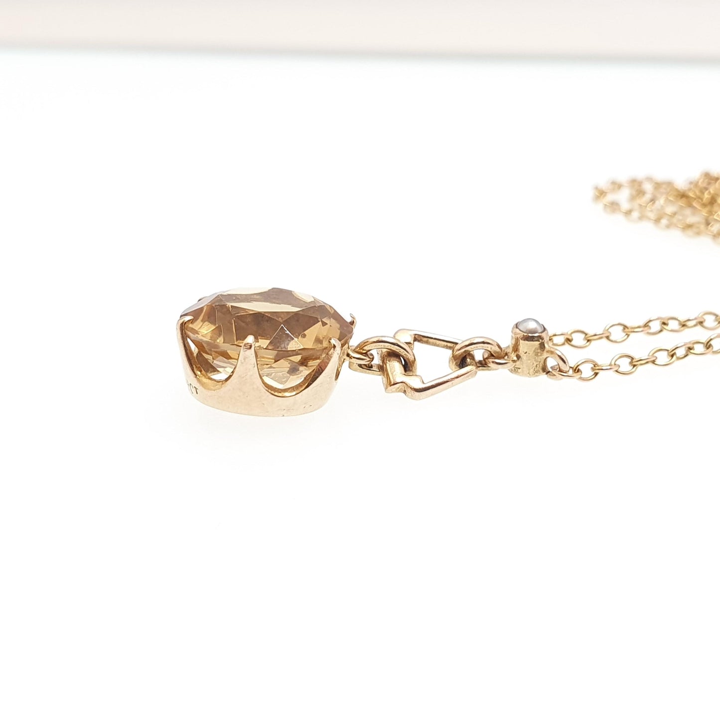 Antique 9ct Gold Citrine Necklace Art Deco Seed Pearl Solid 9k 9kt Round Cut Y Shape 1920s 4.13g 42cm Jewelry Vintage Womens Jewellery