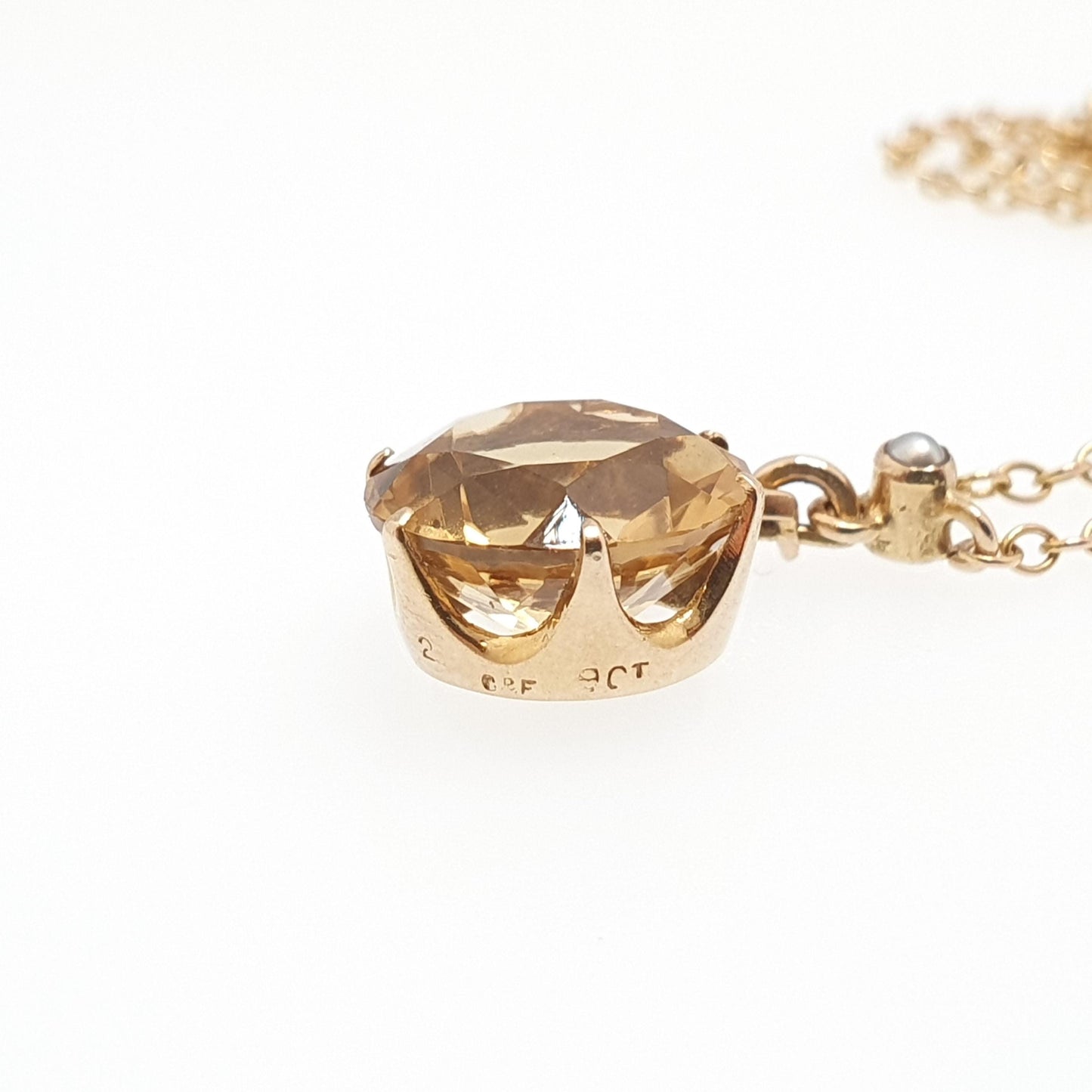 Antique 9ct Gold Citrine Necklace Art Deco Seed Pearl Solid 9k 9kt Round Cut Y Shape 1920s 4.13g 42cm Jewelry Vintage Womens Jewellery