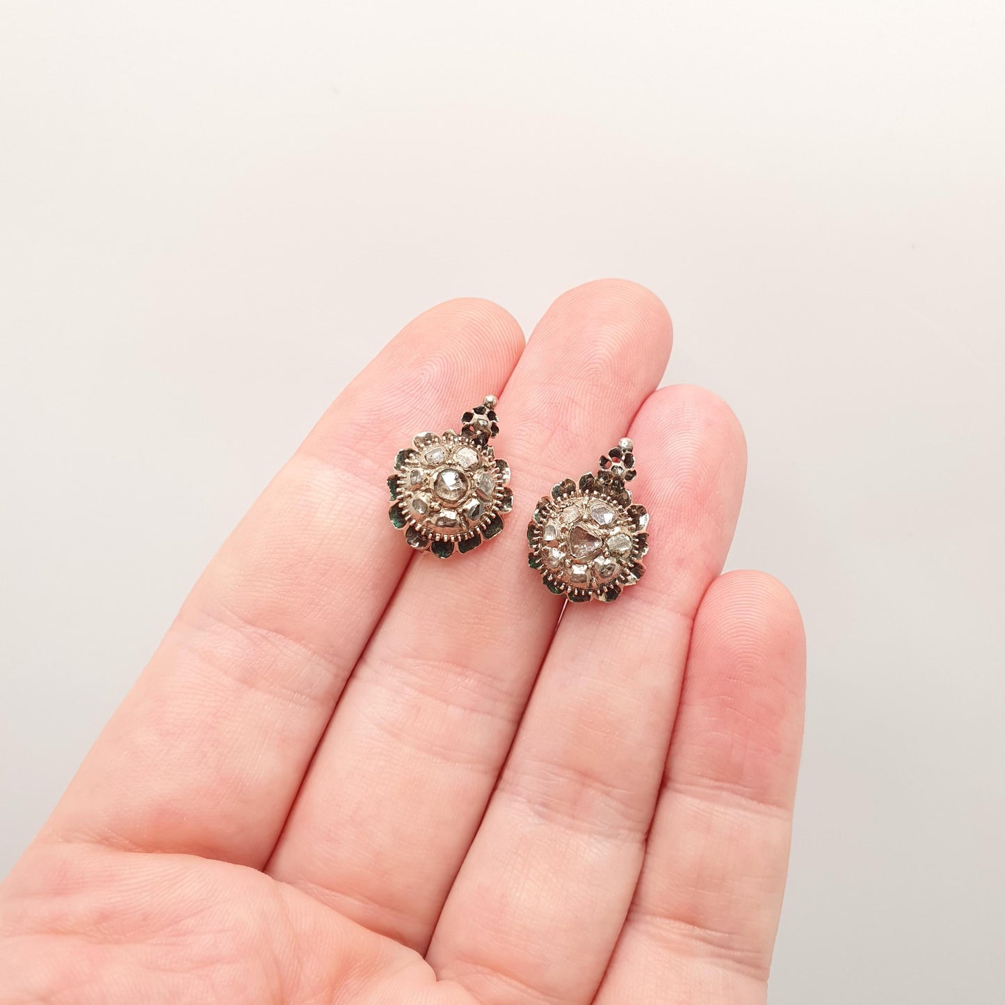 Antique Georgian Solid Silver Diamond Earrings Rose Cut Low Carat Gold Screw Back Natural Diamonds Vintage Jewelry Jewellery