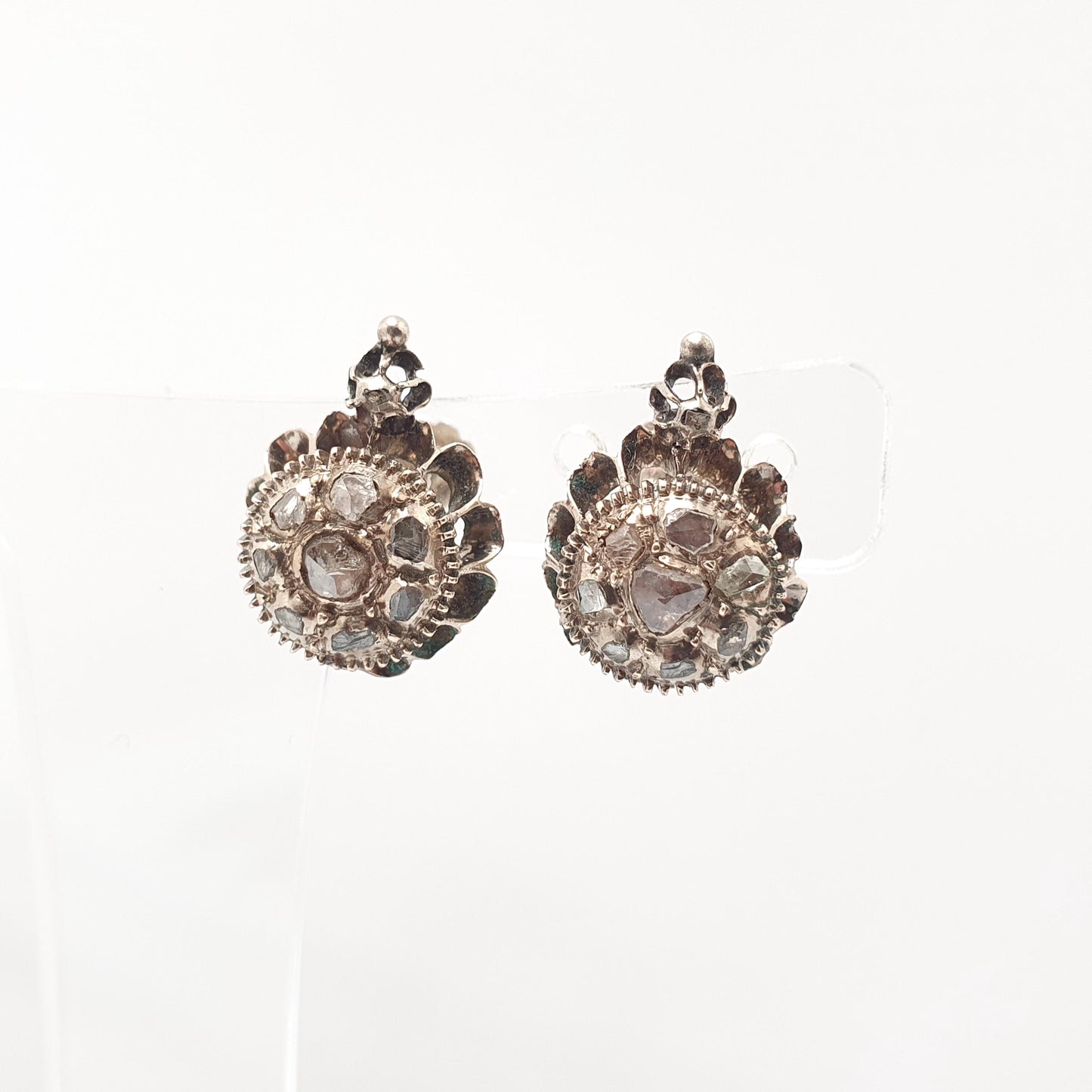 Antique Georgian Solid Silver Diamond Earrings Rose Cut Low Carat Gold Screw Back Natural Diamonds Vintage Jewelry Jewellery