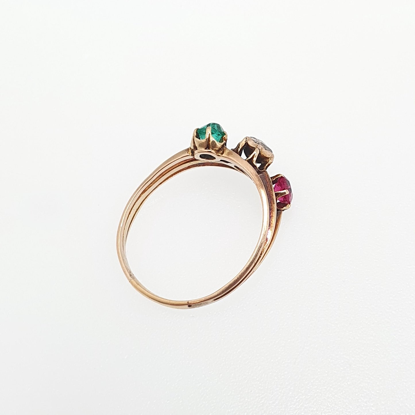 Antique 10k Gold Rose Cut Diamond Ring Victorian Emerald Paste & Ruby Paste Trilogy Solid 10kt 417 Vintage Jewelry Jewellery