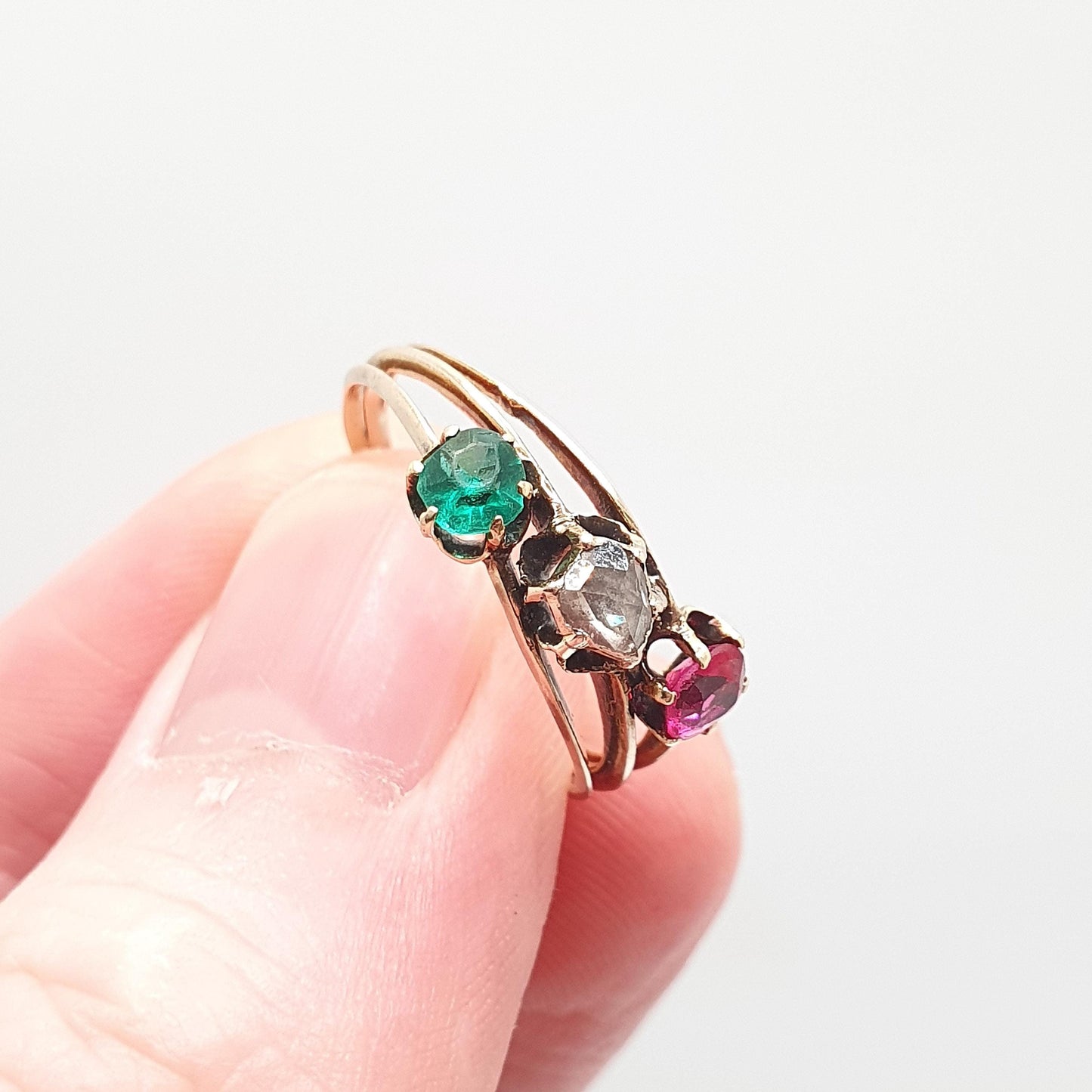 Antique 10k Gold Rose Cut Diamond Ring Victorian Emerald Paste & Ruby Paste Trilogy Solid 10kt 417 Vintage Jewelry Jewellery