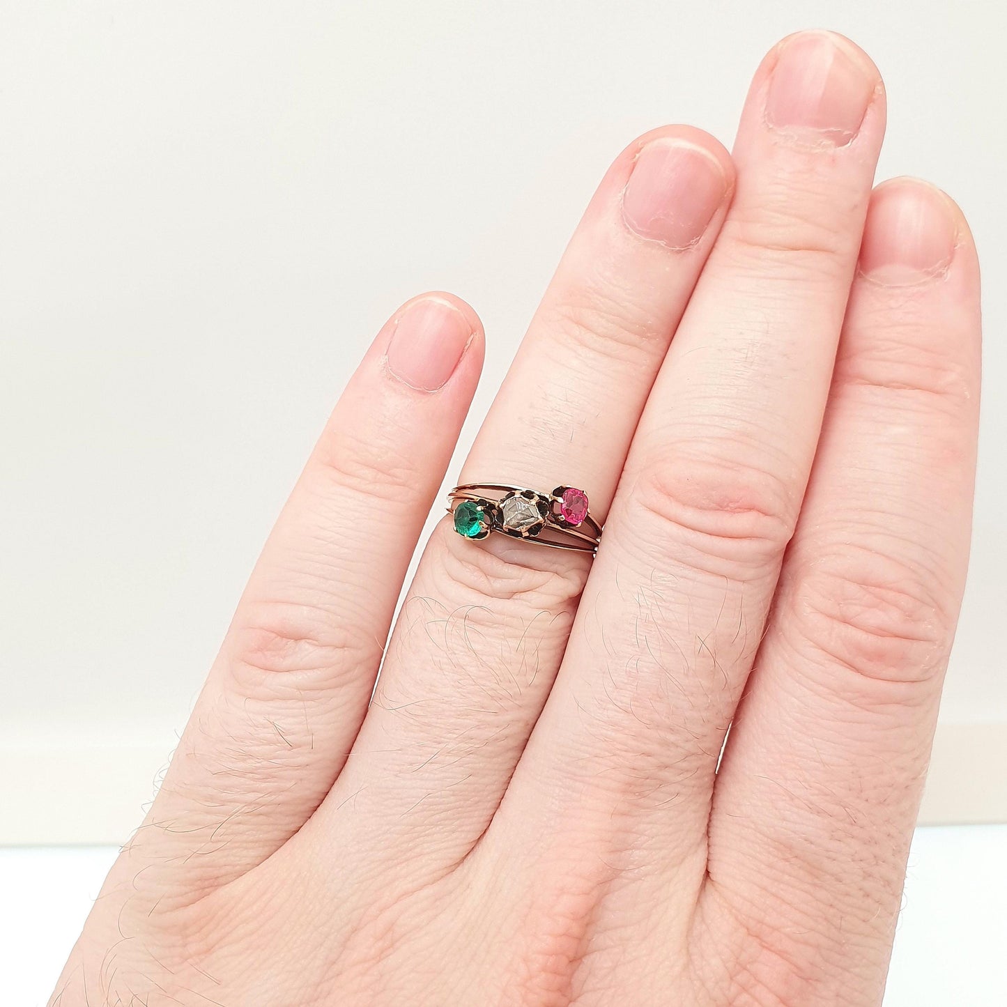 Antique 10k Gold Rose Cut Diamond Ring Victorian Emerald Paste & Ruby Paste Trilogy Solid 10kt 417 Vintage Jewelry Jewellery