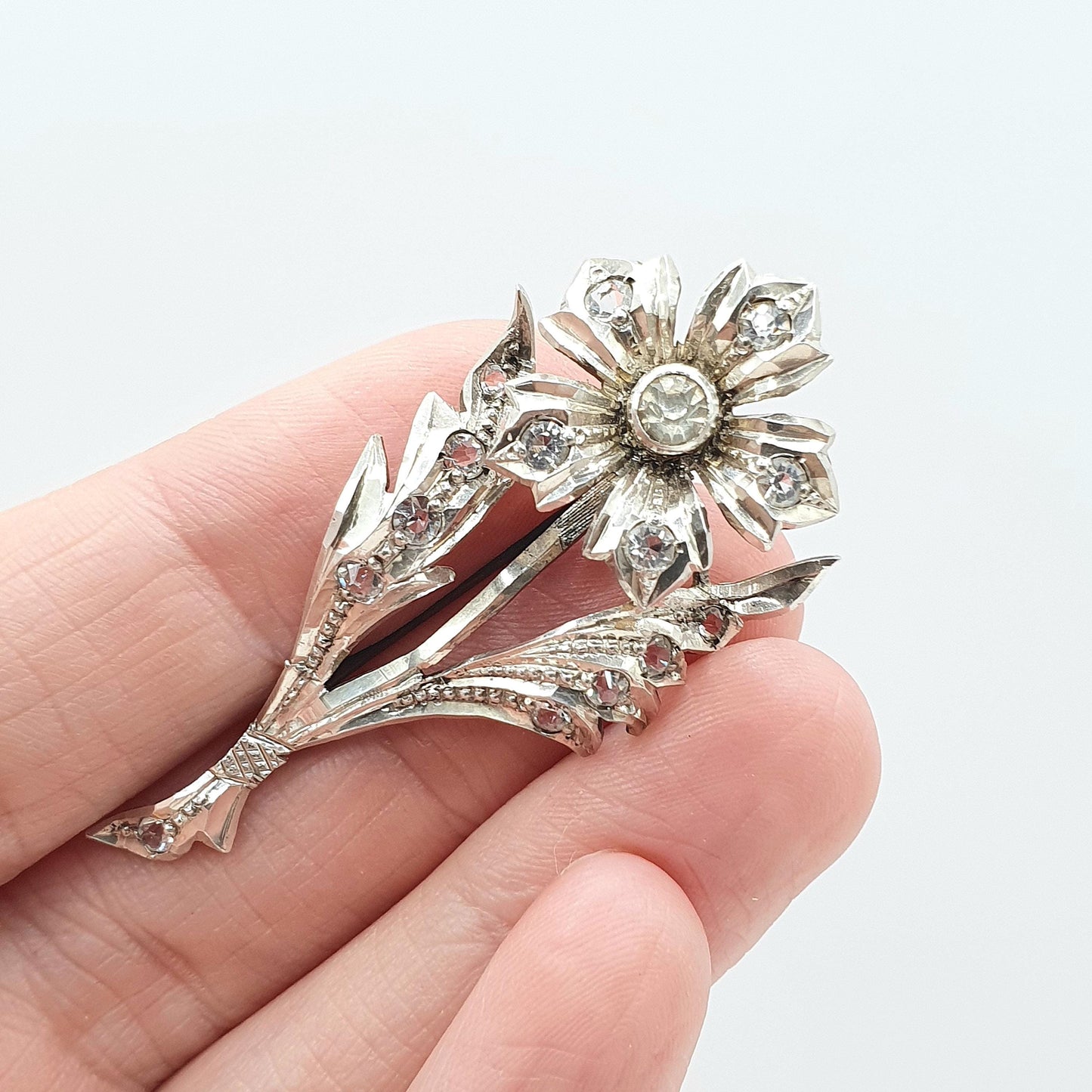 Antique Sterling Silver Diamond Paste Flower Brooch Floral Spray Victorian Sparkly Retro Vintage Womens Jewelry Jewellery