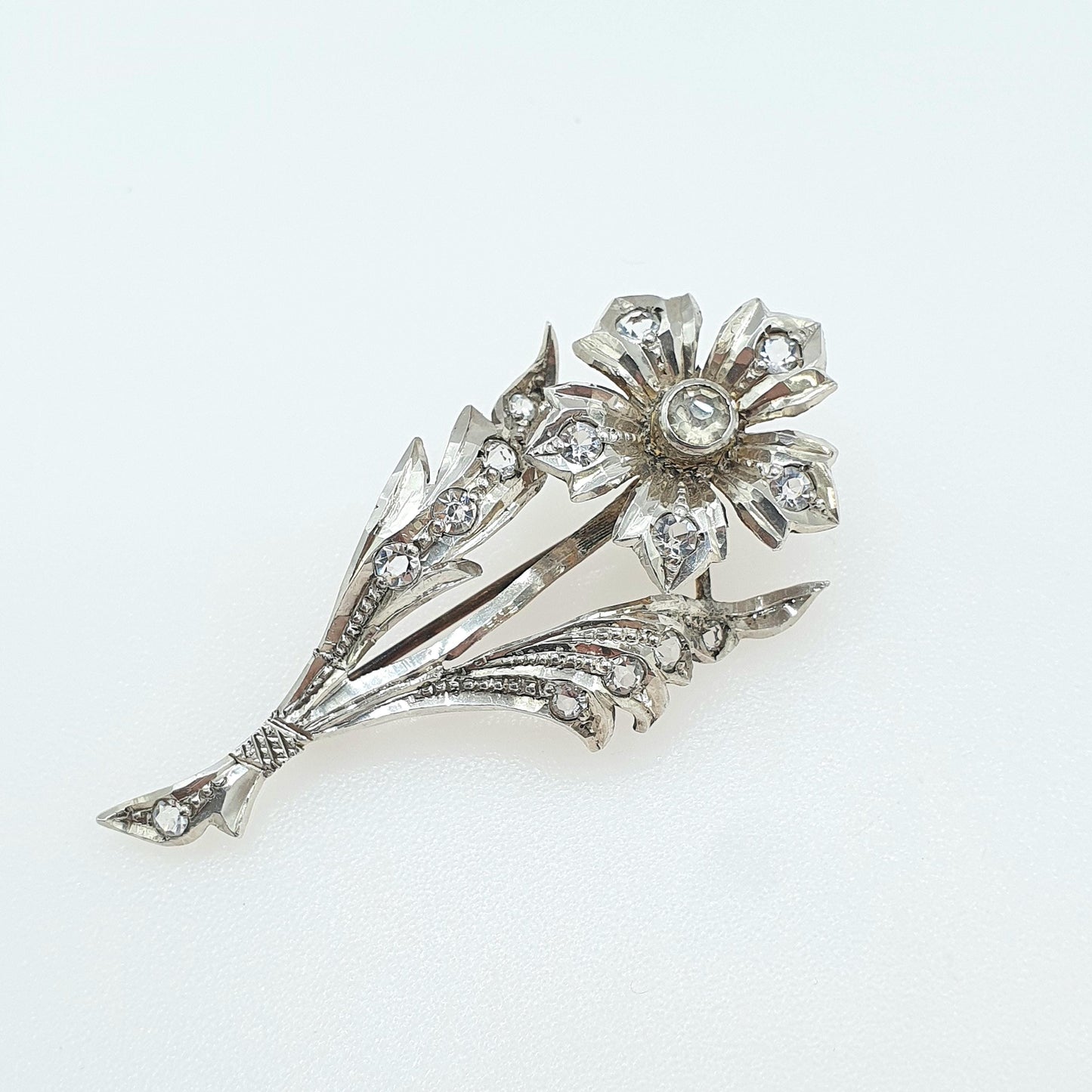 Antique Sterling Silver Diamond Paste Flower Brooch Floral Spray Victorian Sparkly Retro Vintage Womens Jewelry Jewellery