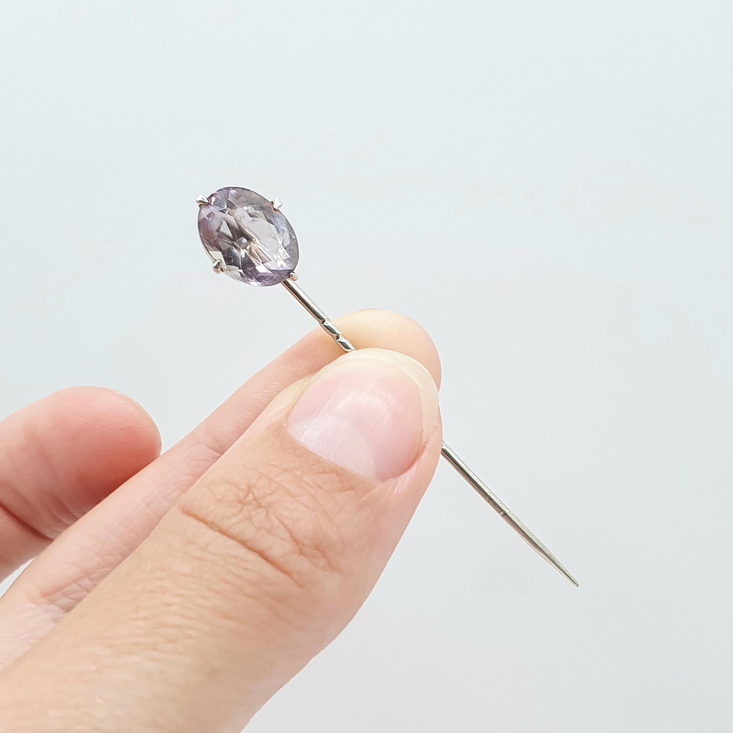 Antique Solid Silver Natural Amethyst Stick Pin Oval Cut Quartz Purple Gemstone Lapel Vintage Jacket Coat Mens Gents Jewelry Jewellery