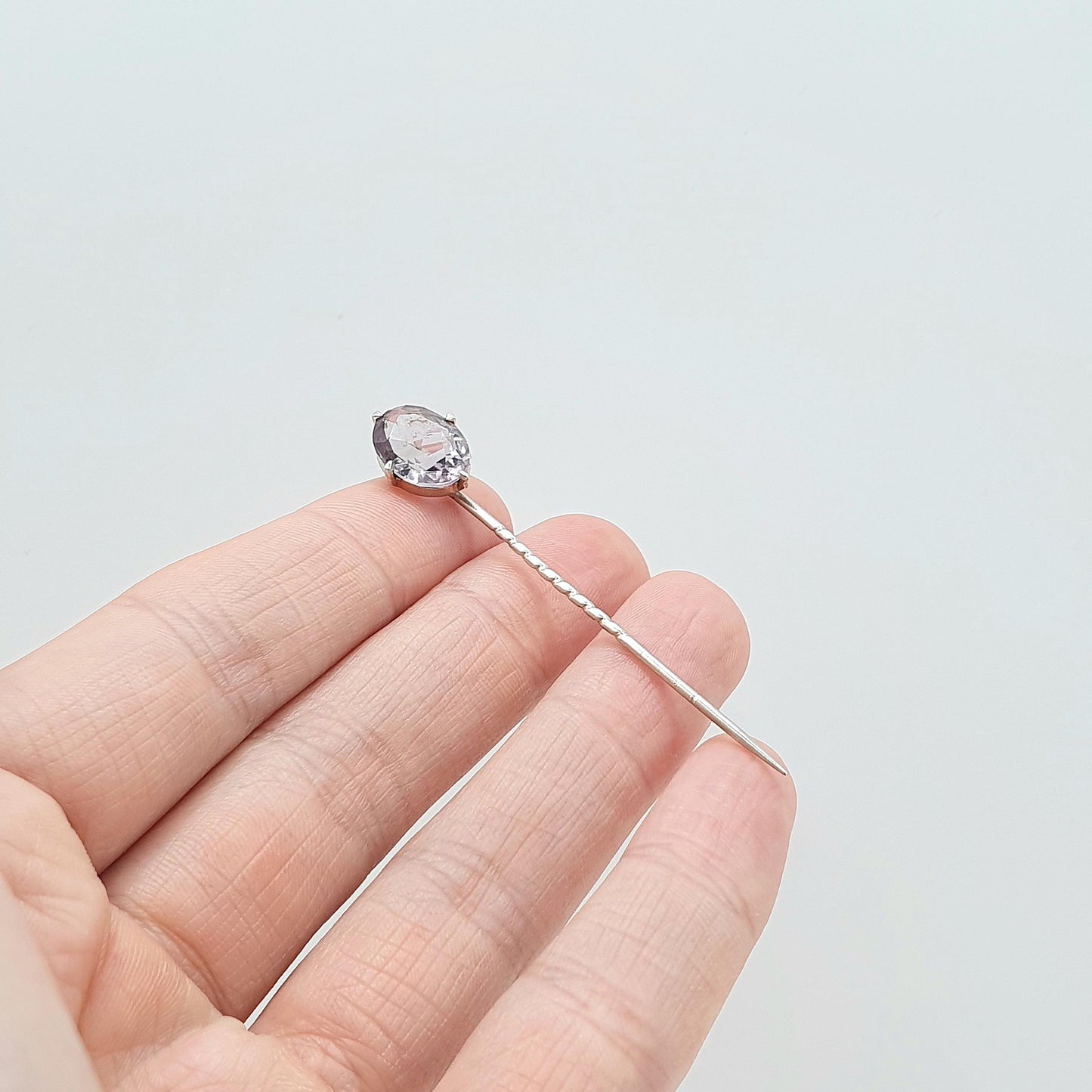 Antique Solid Silver Natural Amethyst Stick Pin Oval Cut Quartz Purple Gemstone Lapel Vintage Jacket Coat Mens Gents Jewelry Jewellery