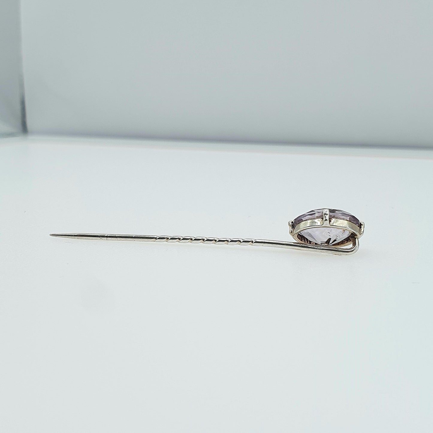 Antique Solid Silver Natural Amethyst Stick Pin Oval Cut Quartz Purple Gemstone Lapel Vintage Jacket Coat Mens Gents Jewelry Jewellery