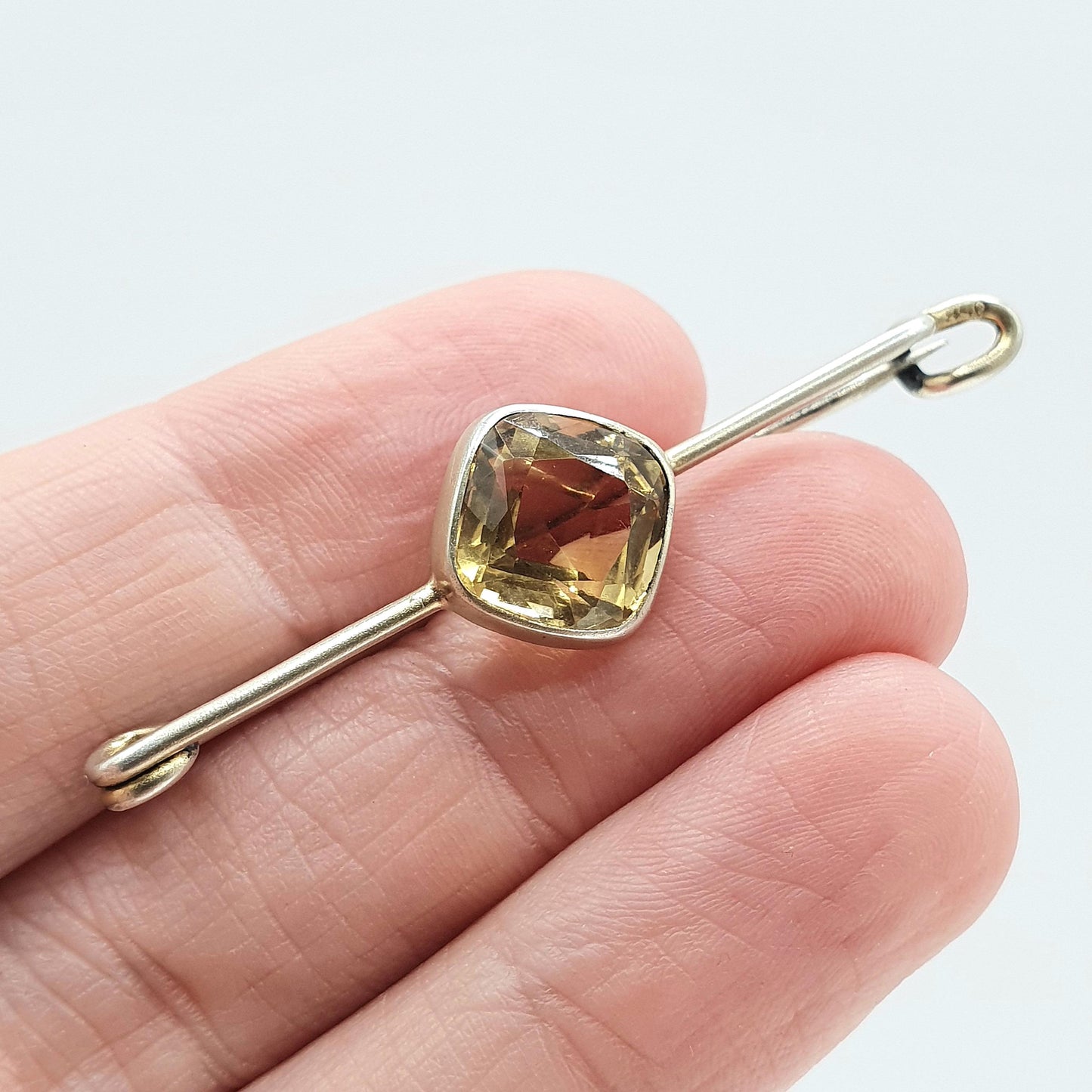 Antique Solid Silver Natural Citrine Brooch Pin Square Cut Orange Quartz Gemstone Vintage Womens Unisex Jewelry Jewellery