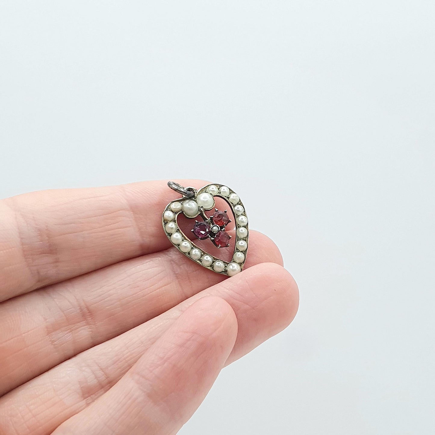 Antique Victorian Solid Silver Garnet Paste Heart Pendant Faux Seed Pearl Love Puffer Vintage Jewellery Womens Jewelry