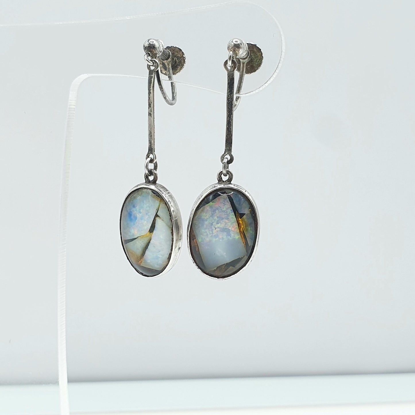 Antique Art Deco Sterling Silver Opal Mosaic Earrings Hanging White Gemstone Tiles Screw Back Vintage Jewelry Jewellery Womens