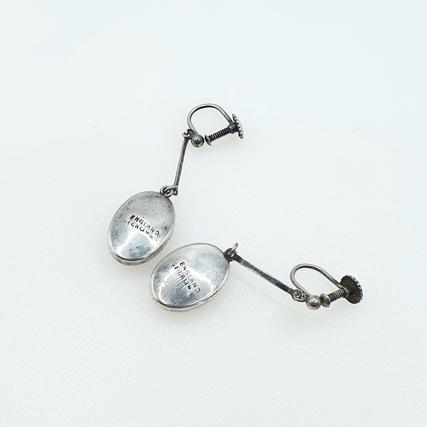 Antique Art Deco Sterling Silver Opal Mosaic Earrings Hanging White Gemstone Tiles Screw Back Vintage Jewelry Jewellery Womens