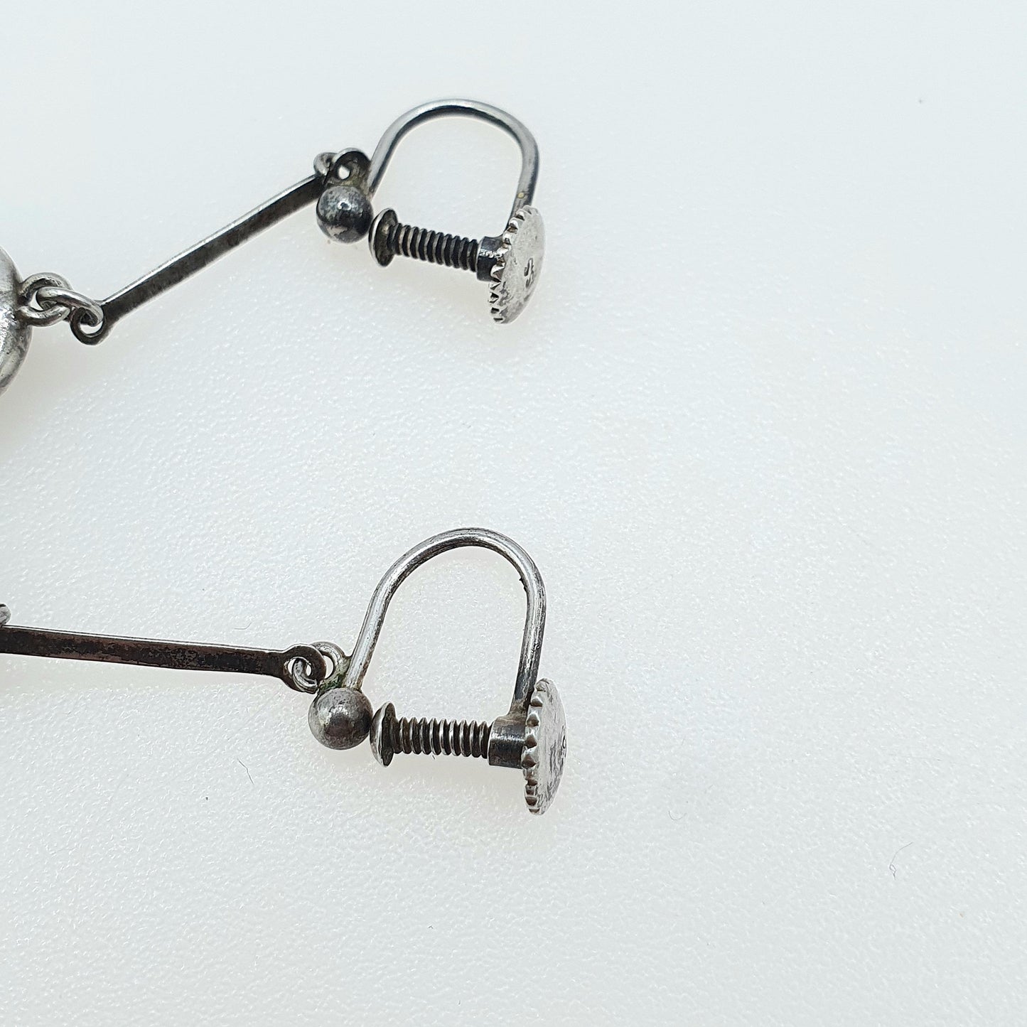Antique Art Deco Sterling Silver Opal Mosaic Earrings Hanging White Gemstone Tiles Screw Back Vintage Jewelry Jewellery Womens