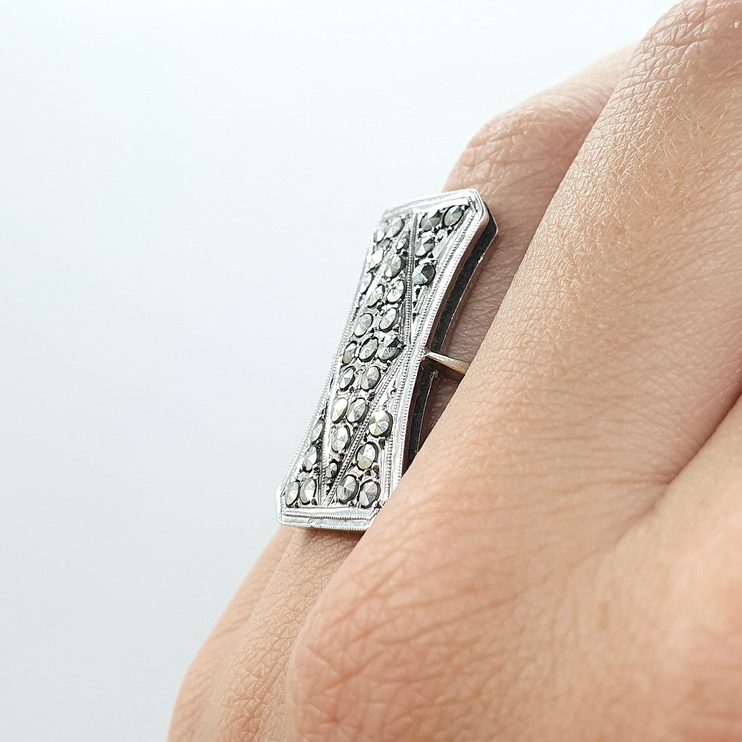 Antique 9ct Gold & Solid Silver Marcasite Ring Cocktail Statement Large Big Geometric Sparkly Ladies Womens Jewelry Jewellery UK J 1/2 US 5