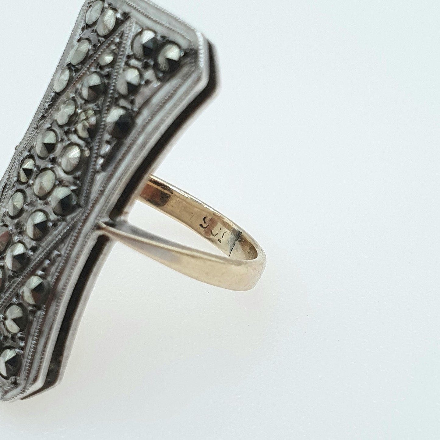 Antique 9ct Gold & Solid Silver Marcasite Ring Cocktail Statement Large Big Geometric Sparkly Ladies Womens Jewelry Jewellery UK J 1/2 US 5