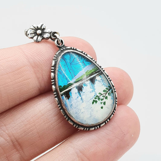 Antique Art Deco Butterfly Wing Pendant Lake Scene Necklace Hand Painted TLM Bug Insect Vintage Jewelry Jewellery Womens