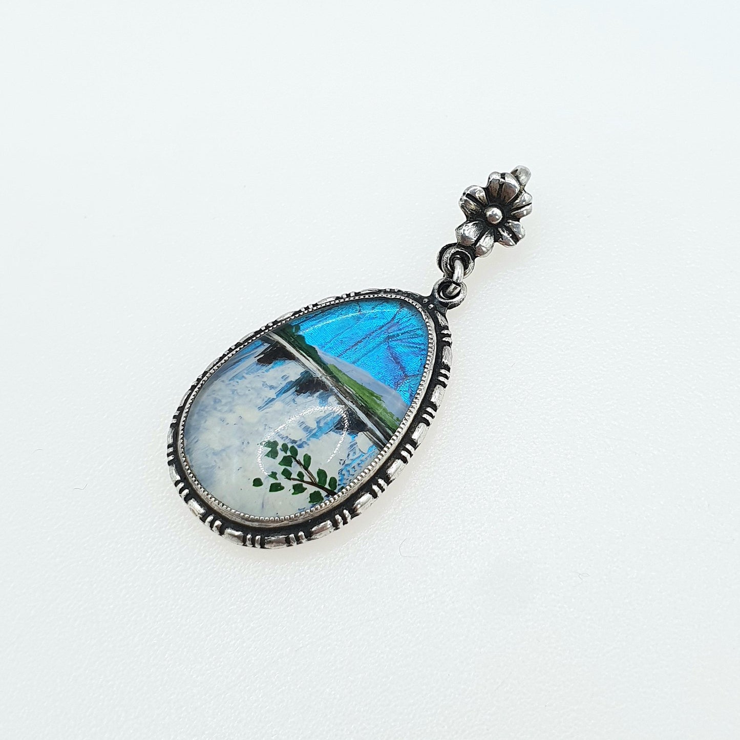 Antique Art Deco Butterfly Wing Pendant Lake Scene Necklace Hand Painted TLM Bug Insect Vintage Jewelry Jewellery Womens