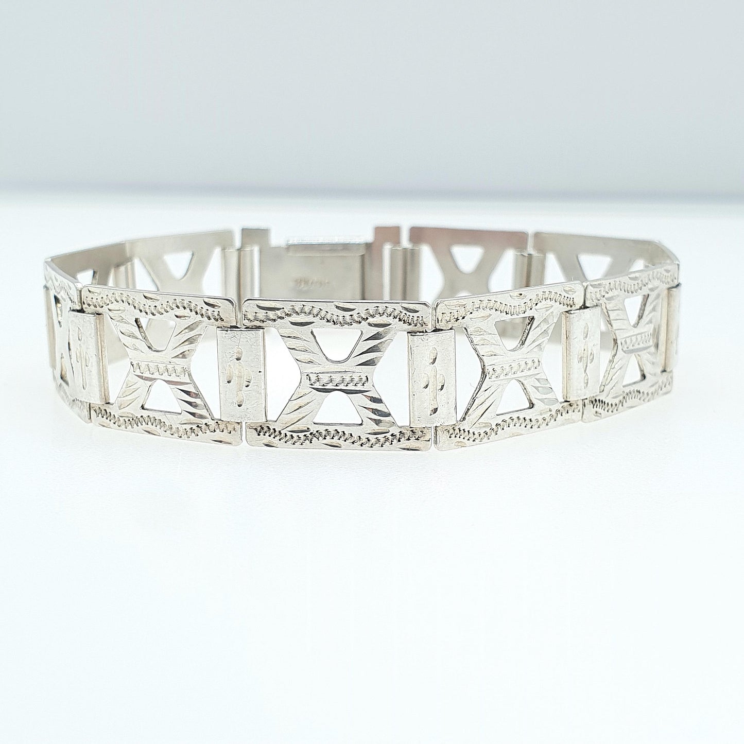 Antique Art Deco Solid Silver Geometric Bracelet Square X Links Hand Engraved Vintage Womens Jewellery Jewelry 17cm 12.83g