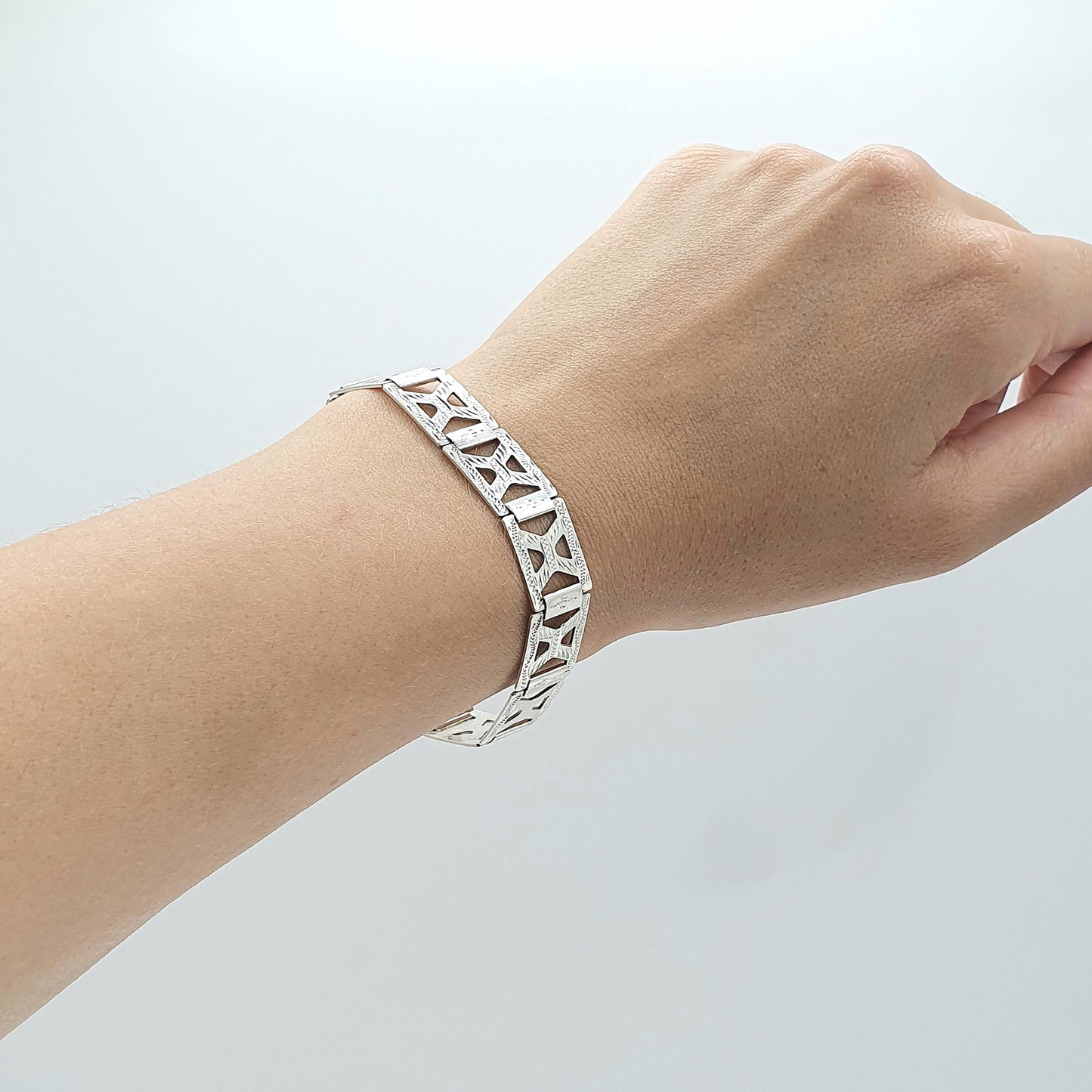 Antique Art Deco Solid Silver Geometric Bracelet Square X Links Hand Engraved Vintage Womens Jewellery Jewelry 17cm 12.83g