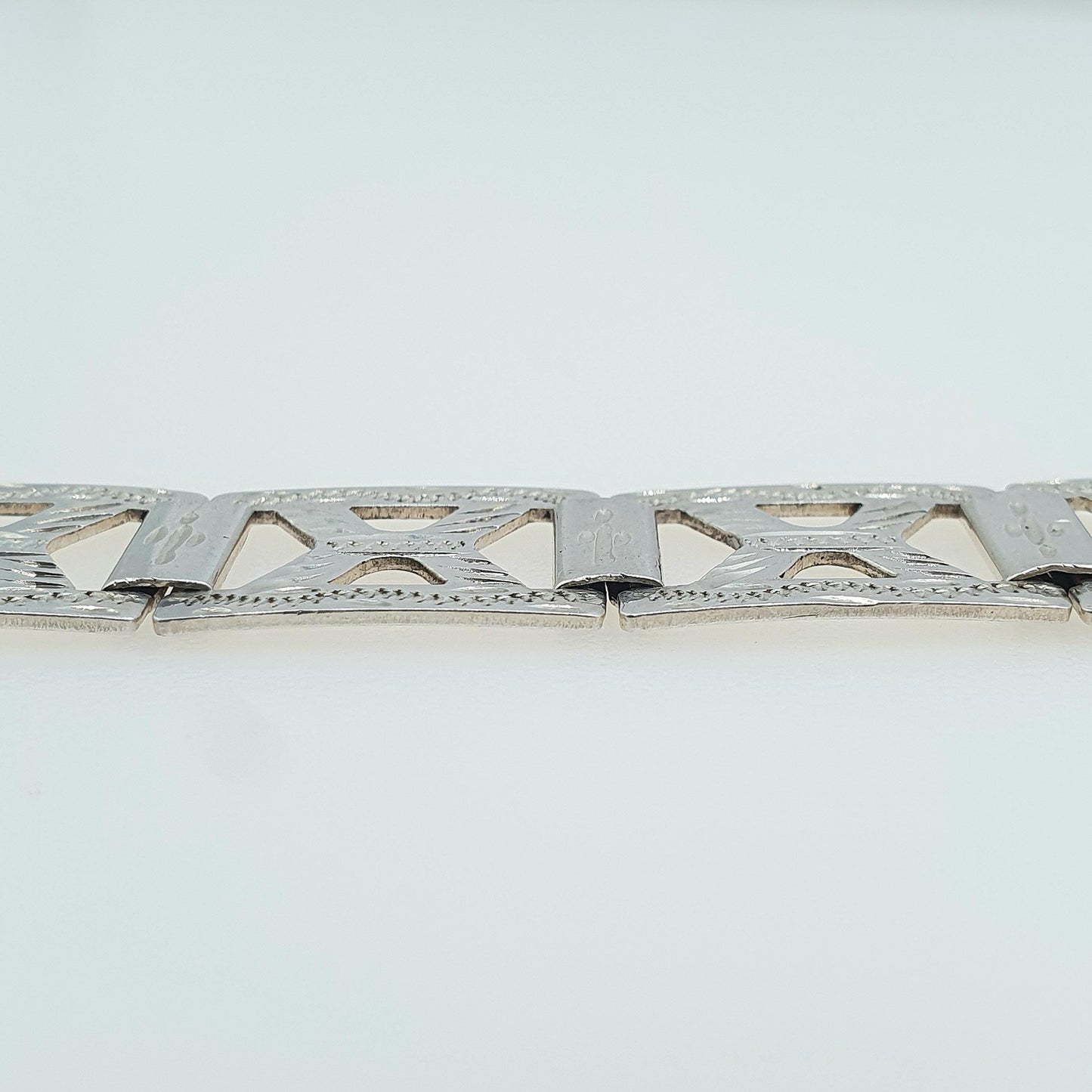 Antique Art Deco Solid Silver Geometric Bracelet Square X Links Hand Engraved Vintage Womens Jewellery Jewelry 17cm 12.83g