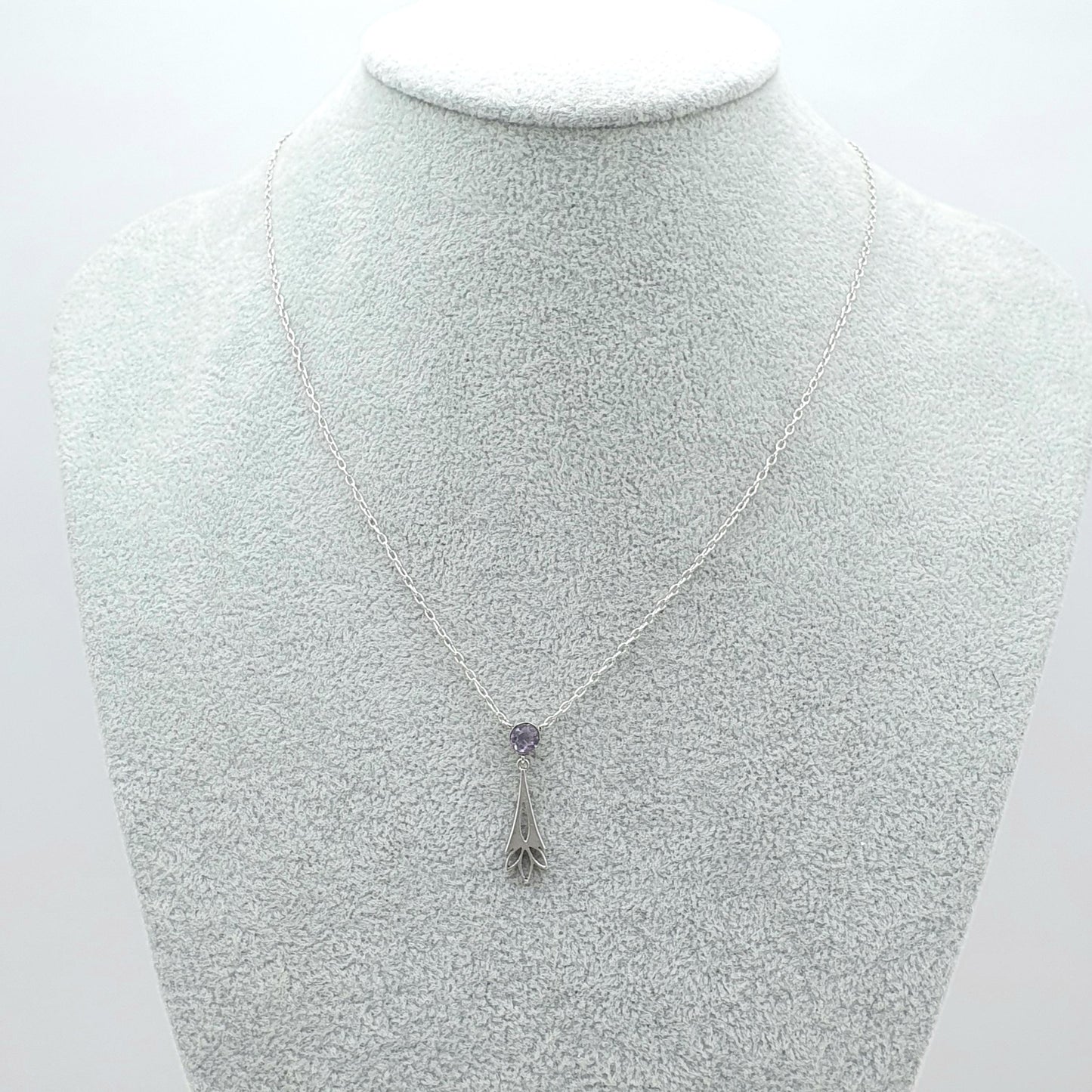 Antique Solid Silver Amethyst Fan Pendant Necklace Y Shape Drop Genuine Purple Gemstone 46cm 2.46g Womens Jewelry Jewellery
