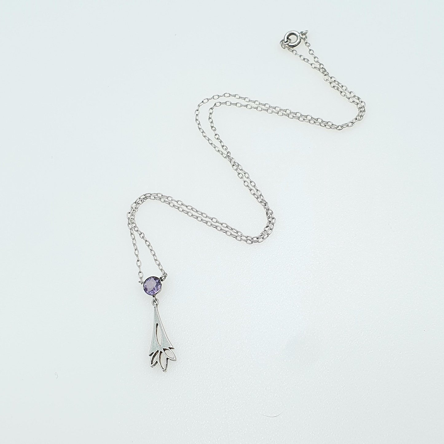 Antique Solid Silver Amethyst Fan Pendant Necklace Y Shape Drop Genuine Purple Gemstone 46cm 2.46g Womens Jewelry Jewellery