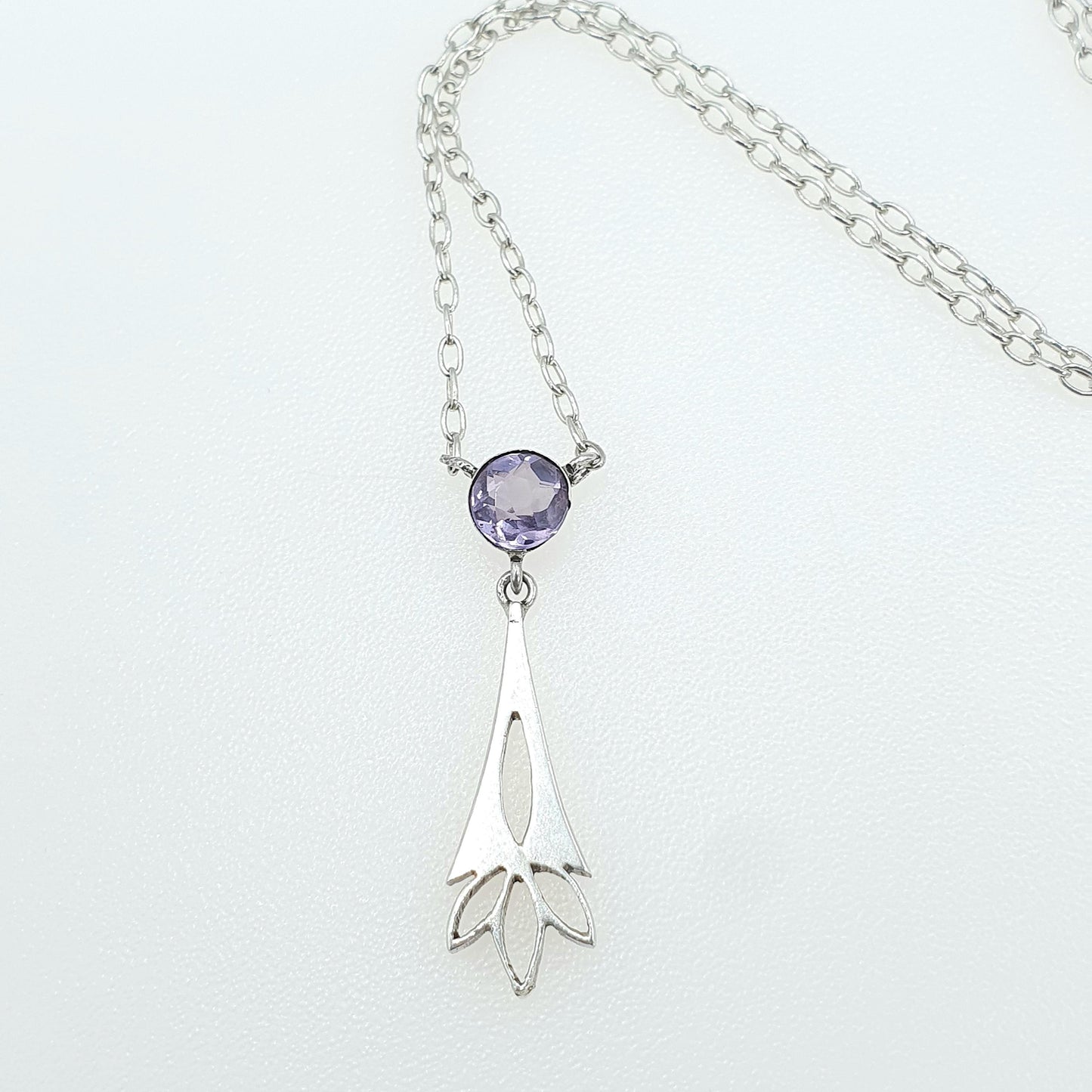 Antique Solid Silver Amethyst Fan Pendant Necklace Y Shape Drop Genuine Purple Gemstone 46cm 2.46g Womens Jewelry Jewellery