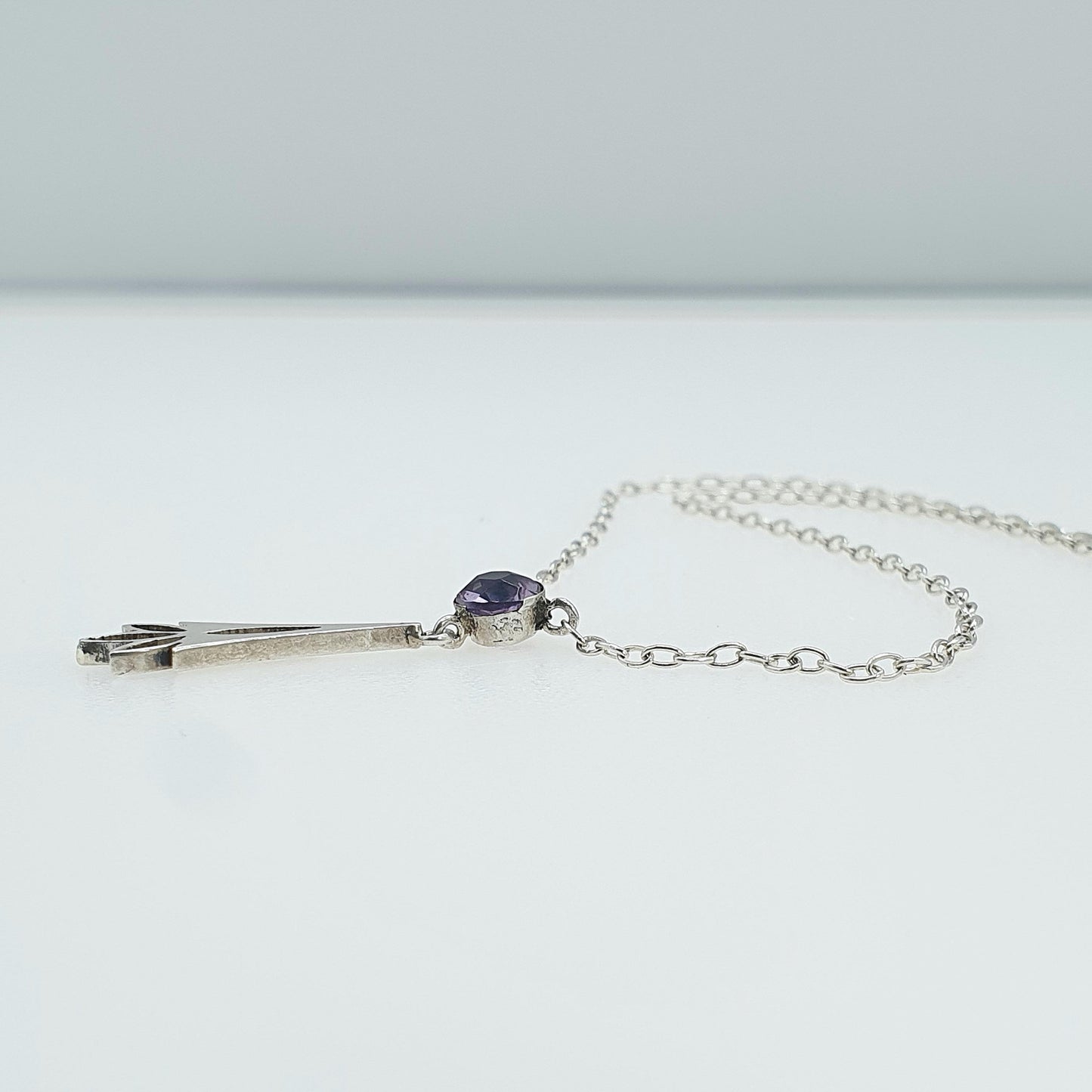 Antique Solid Silver Amethyst Fan Pendant Necklace Y Shape Drop Genuine Purple Gemstone 46cm 2.46g Womens Jewelry Jewellery