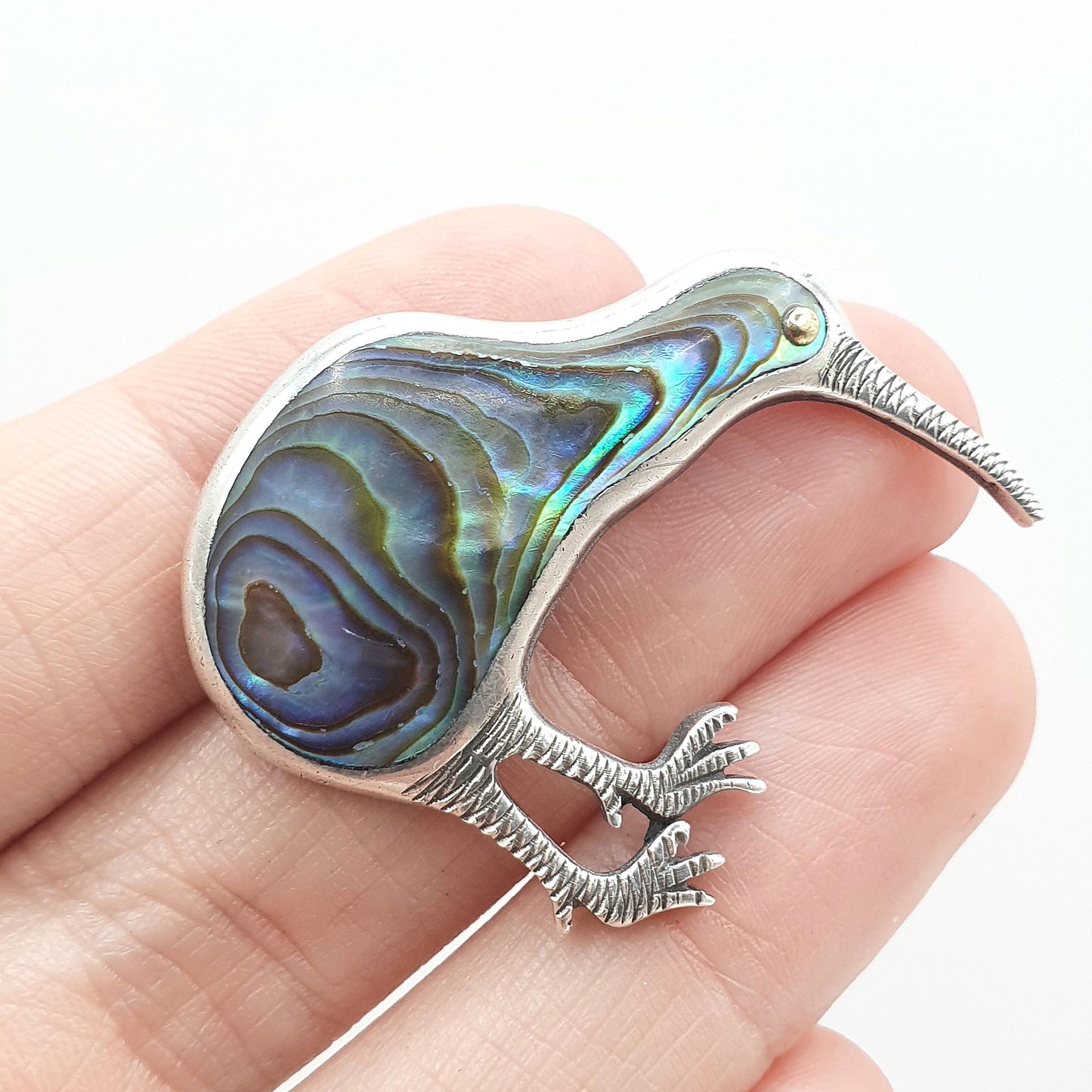 Antique Sterling Silver Abalone Shell Kiwi Bird Brooch New Zealand Maori Vintage Retro Womens Mens Unisex Jewellery Jewelry