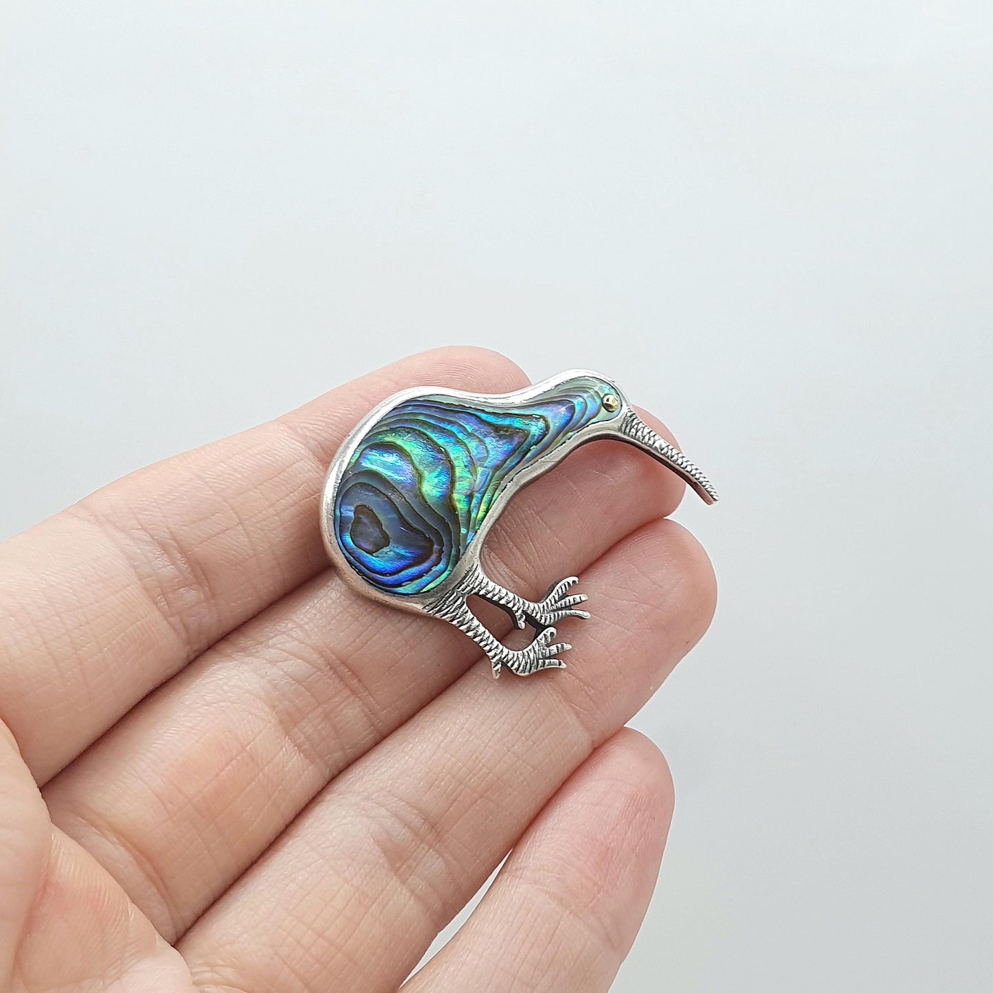 Antique Sterling Silver Abalone Shell Kiwi Bird Brooch New Zealand Maori Vintage Retro Womens Mens Unisex Jewellery Jewelry