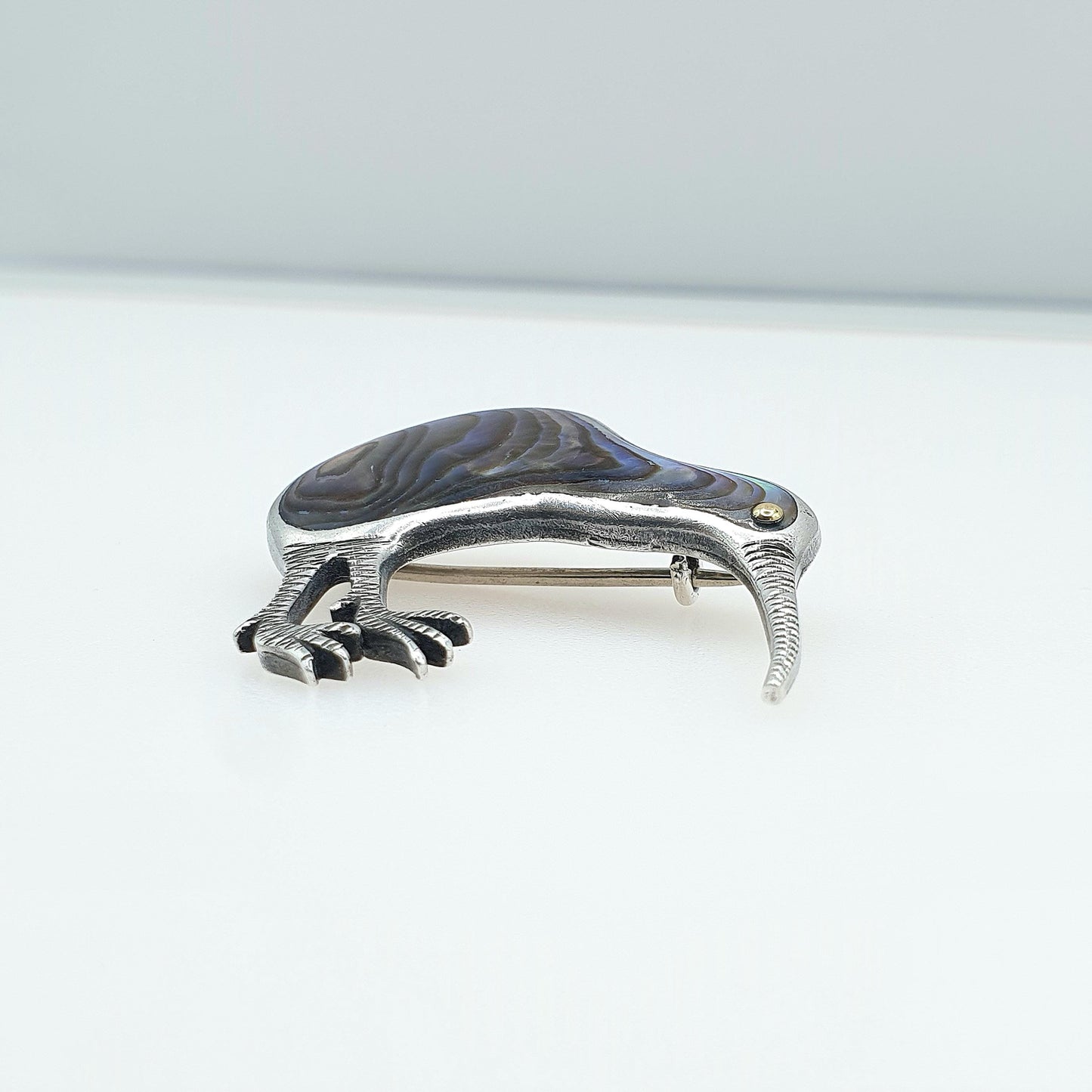 Antique Sterling Silver Abalone Shell Kiwi Bird Brooch New Zealand Maori Vintage Retro Womens Mens Unisex Jewellery Jewelry