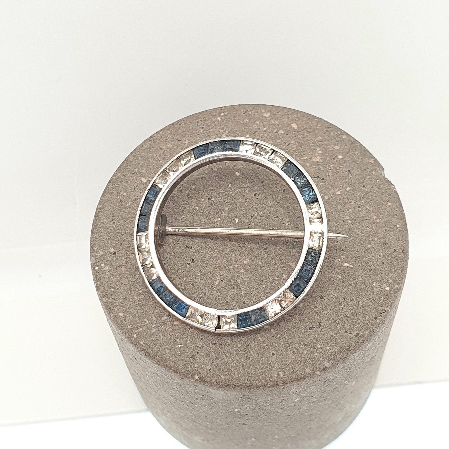 Antique Victorian Solid Silver Sapphire Paste Brooch Channel Set Diamond Pastes Round Infinity Circle 1920s Jewelry Jewellery