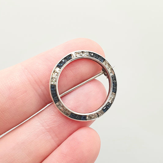 Antique Victorian Solid Silver Sapphire Paste Brooch Channel Set Diamond Pastes Round Infinity Circle 1920s Jewelry Jewellery