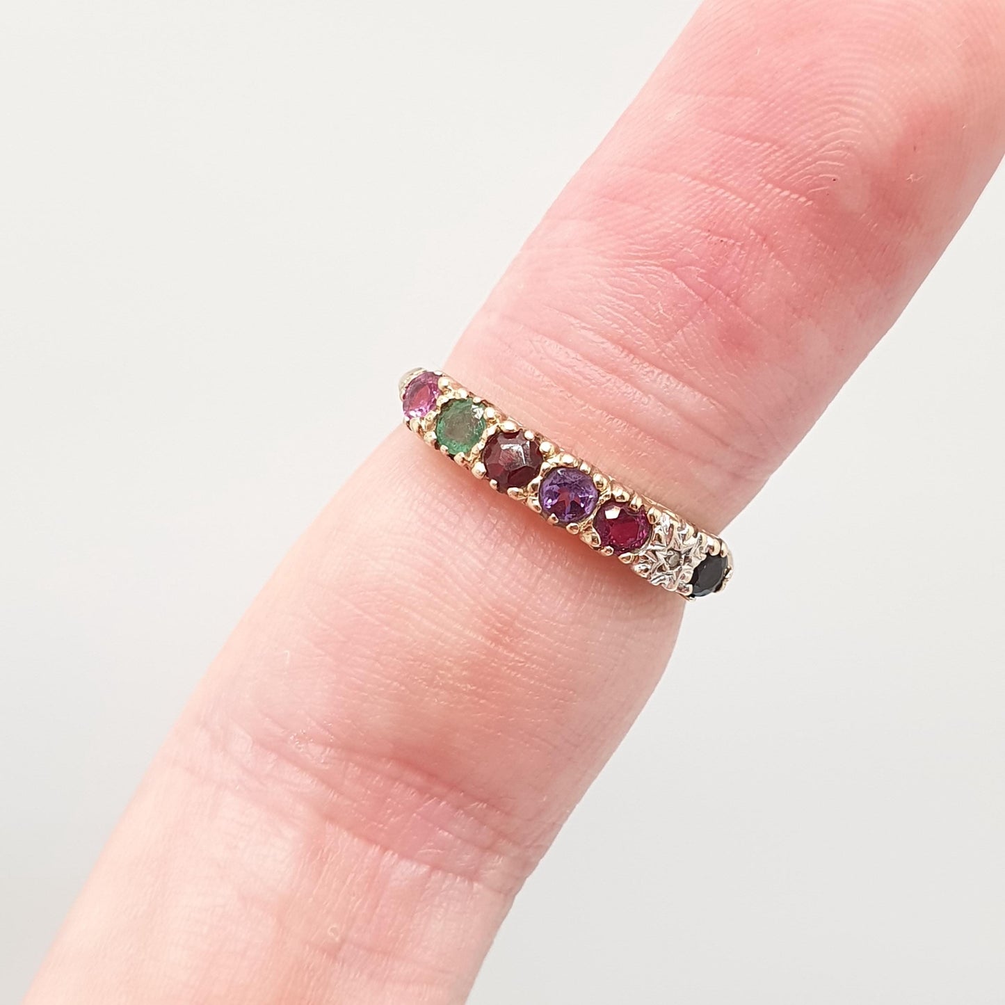 Vintage 9ct Gold REGARDS Ring Ruby Emerald Garnet Amethyst Ruby Diamond Sapphire Gemstone Stacker Solid 9k 9kt